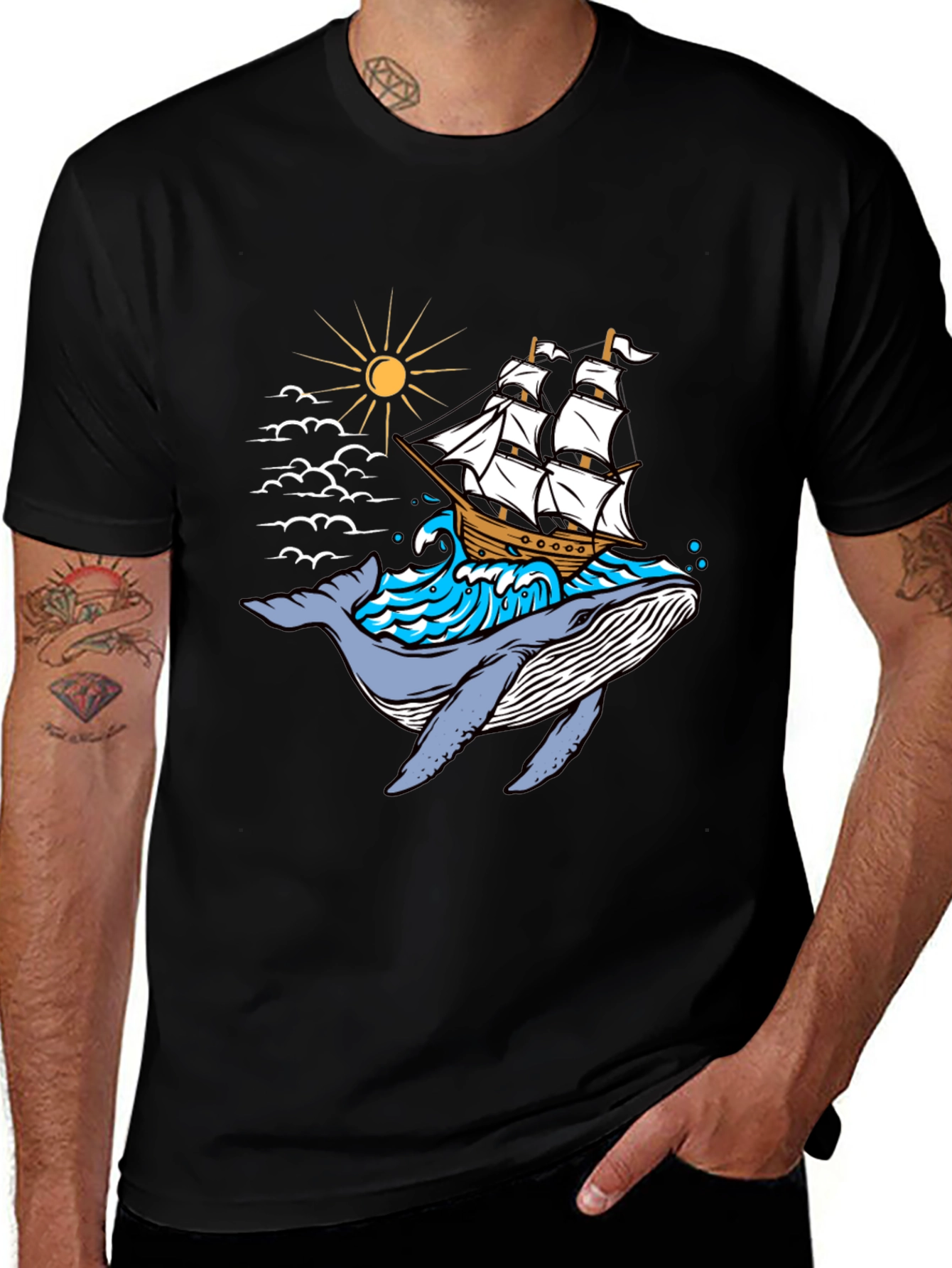 Variant 27 of Whale Ship Graphic Tee - Black Cotton T-Shirt