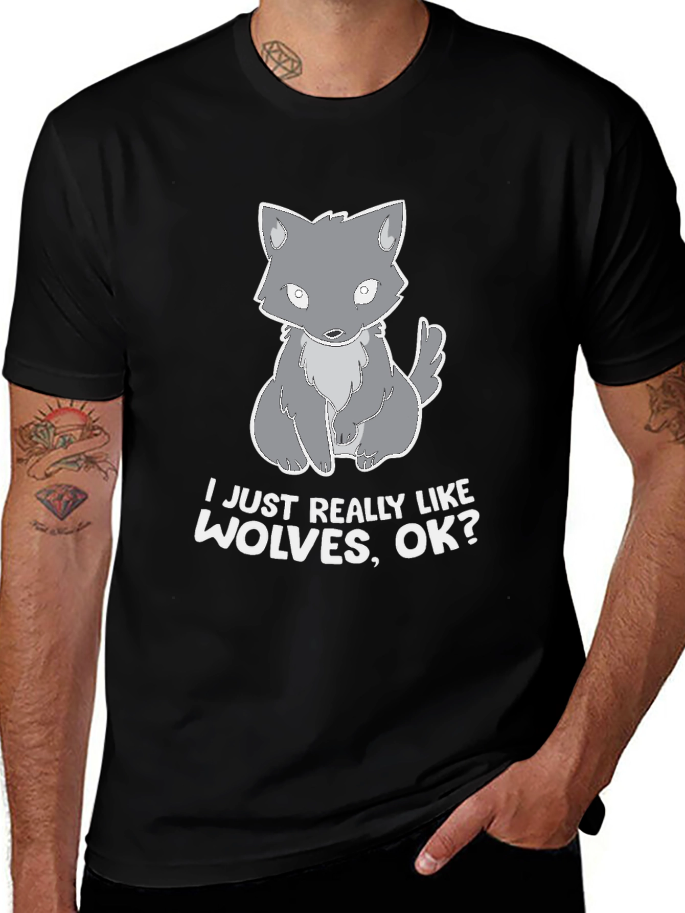 I Like Wolves Black T-Shirt, Cute Wolf Design