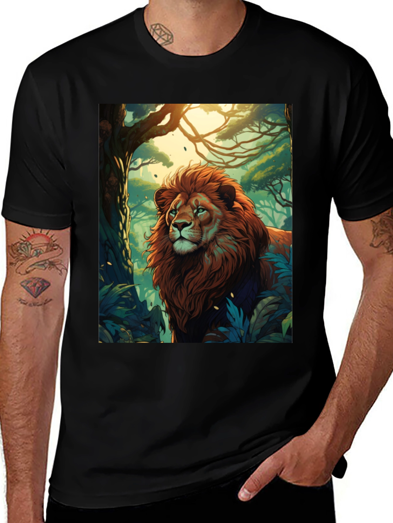 Variant 23 of Lion Forest Print Tee - Black Crew Neck