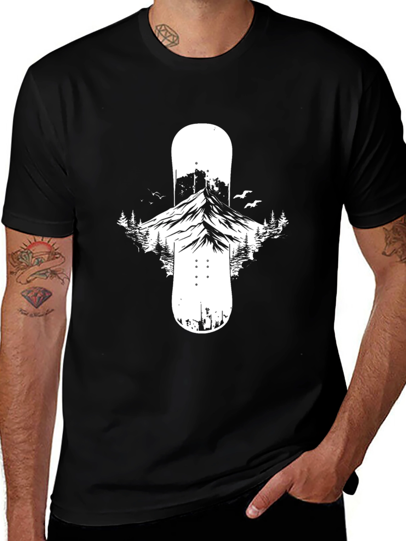 Variant 8 of Mountain Snowboard Graphic Tee - Black Cotton Blend