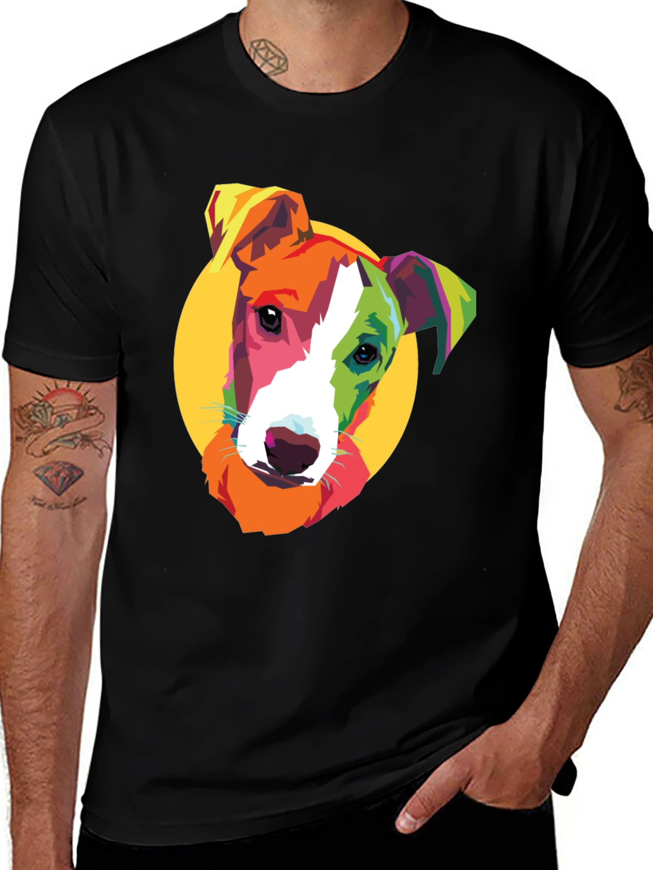 Variant 27 of Pop Art Dog Graphic Tee - Black Cotton T-Shirt