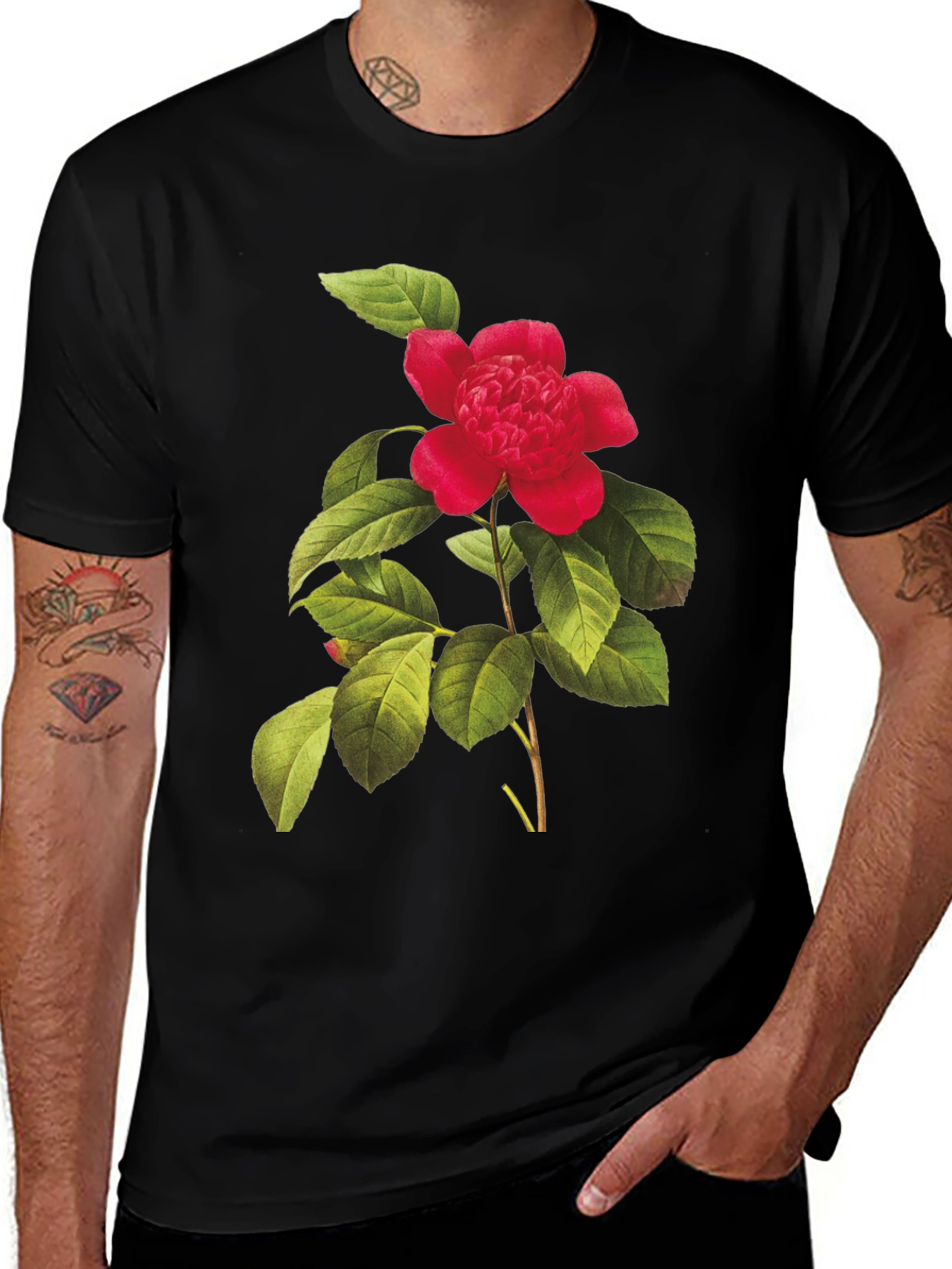 Variant 25 of Botanical Camellia Flower Print Black Tee