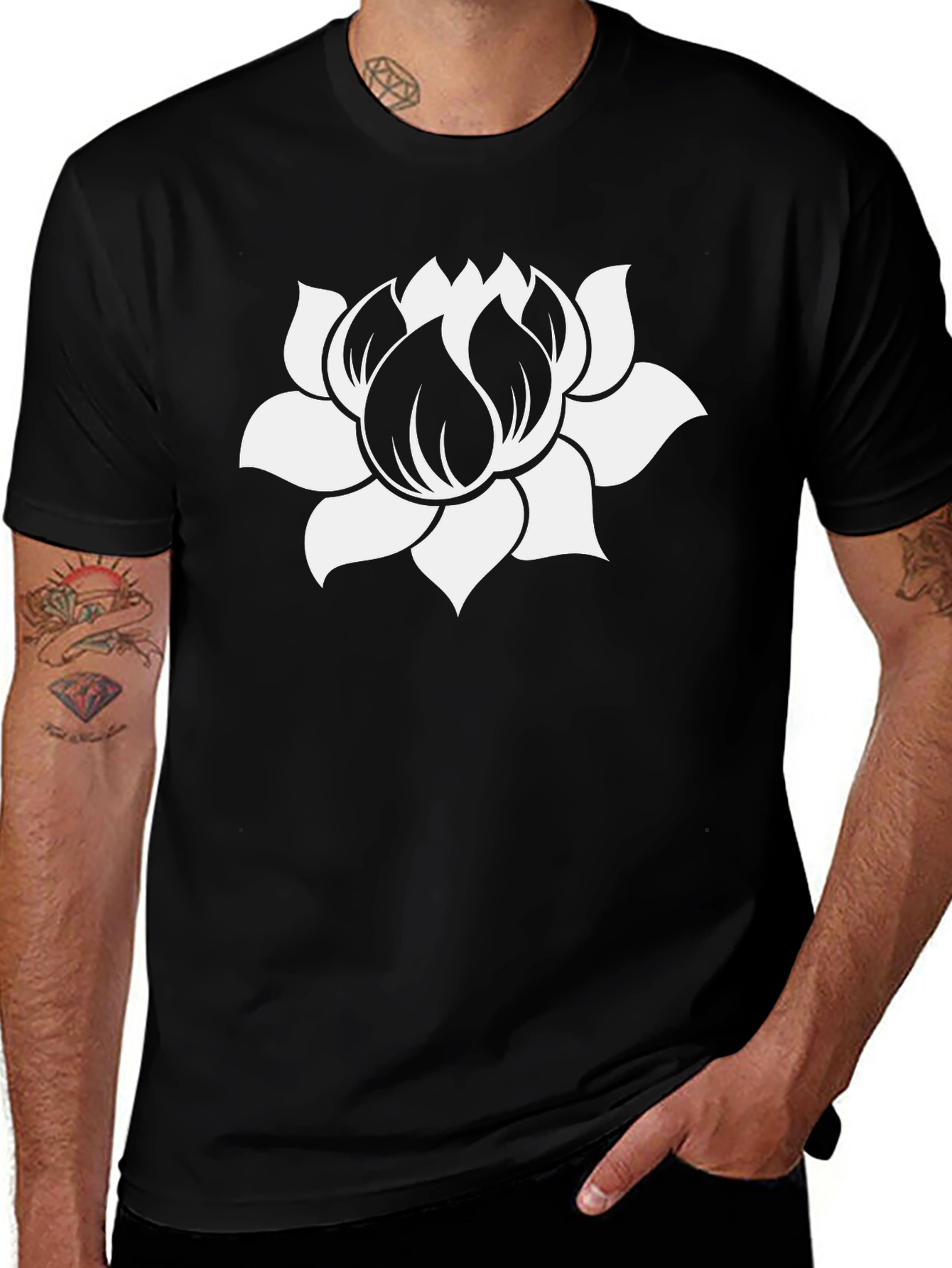 Variant 19 of Lotus Flower Graphic Tee - Black Cotton Blend T-Shirt
