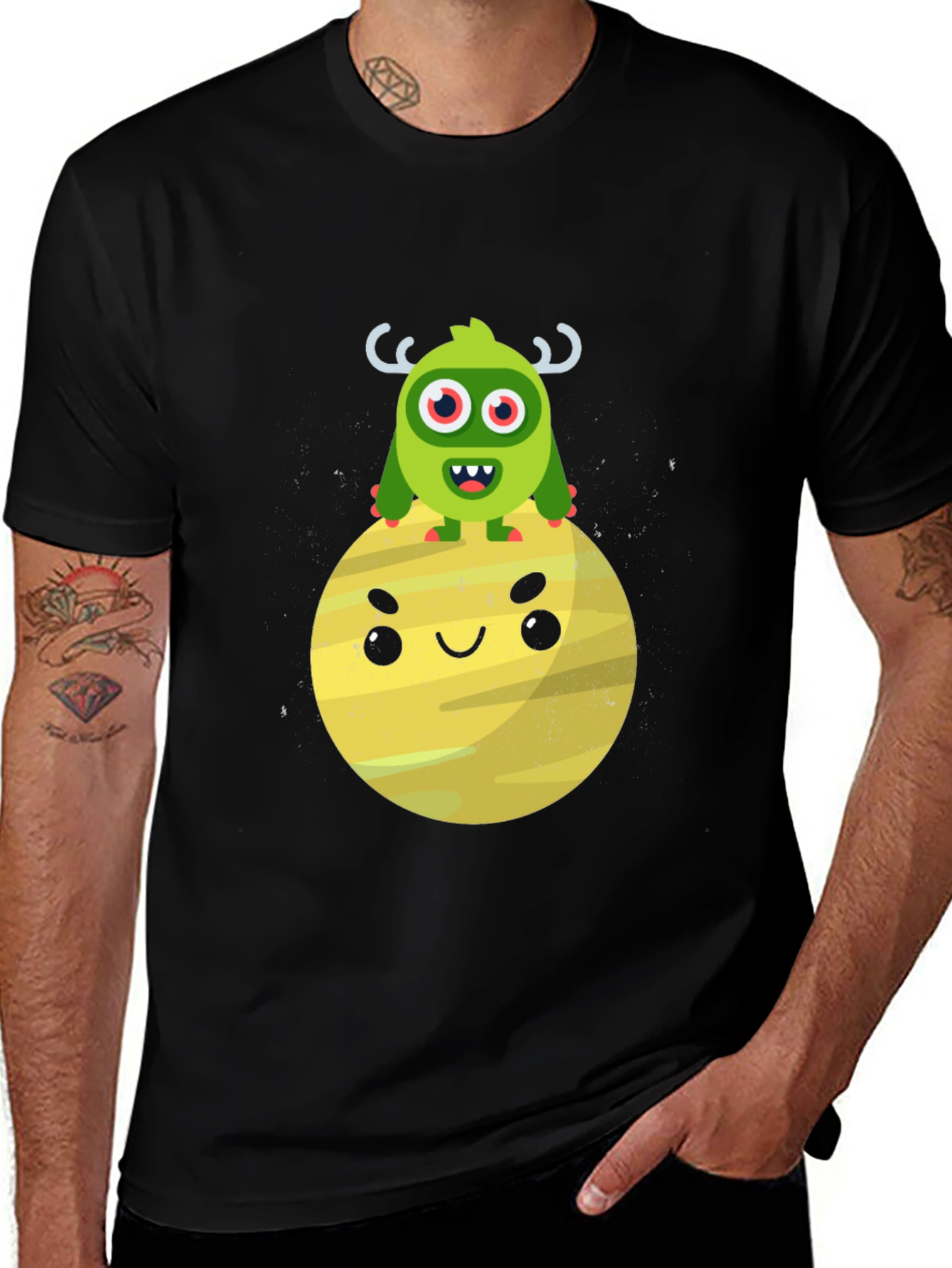 Monster on Planet Graphic Tee - Black Cotton Casual Shirt