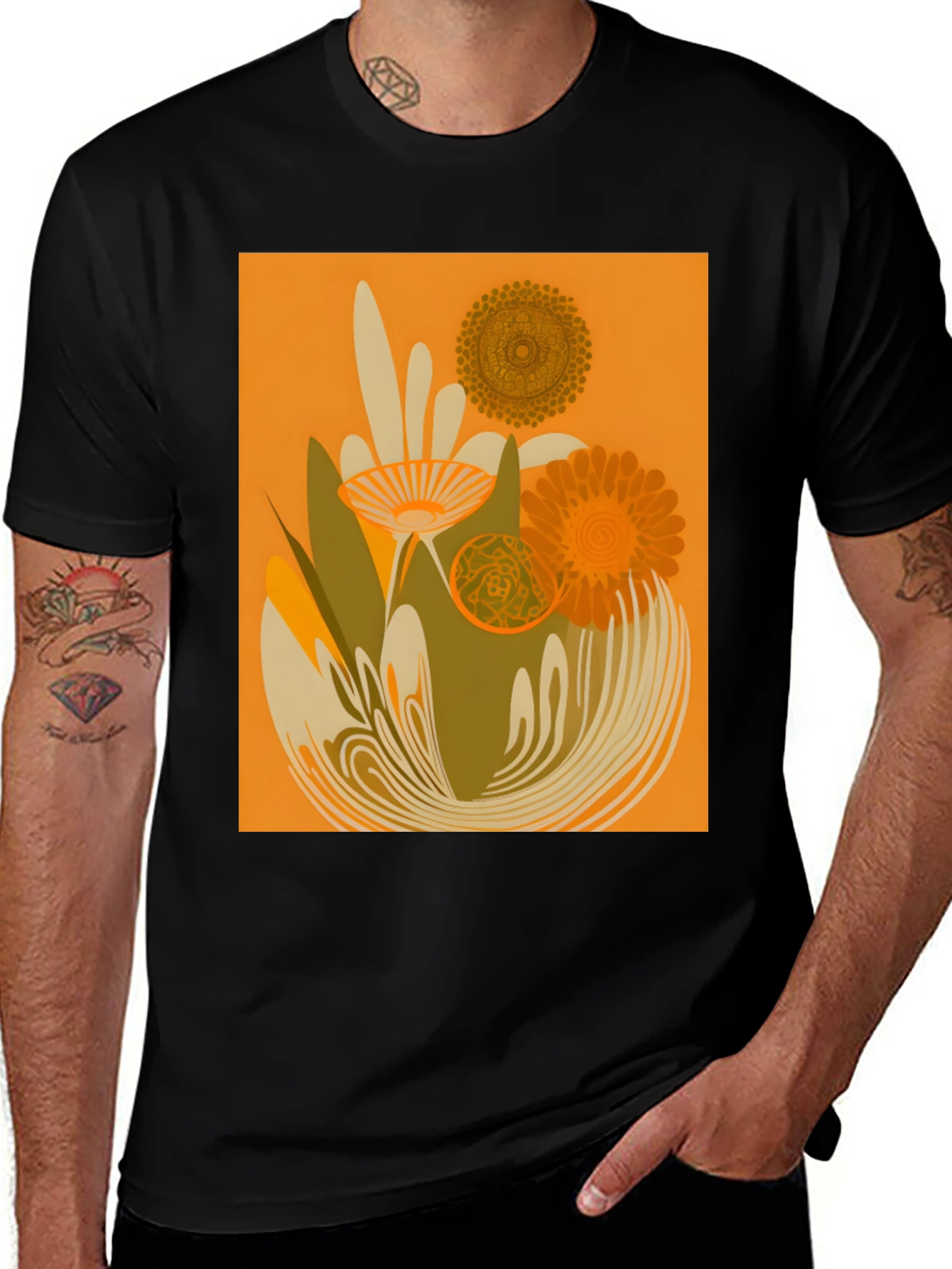 Variant 10 of Retro Floral Graphic Tee - Black Cotton T-Shirt