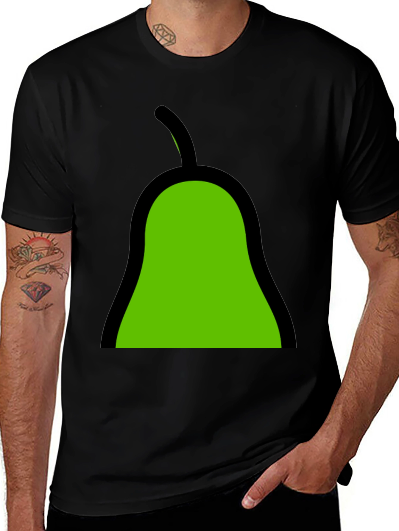 Variant 19 of Green Pear Graphic Black Tee - Unique Fruit Design