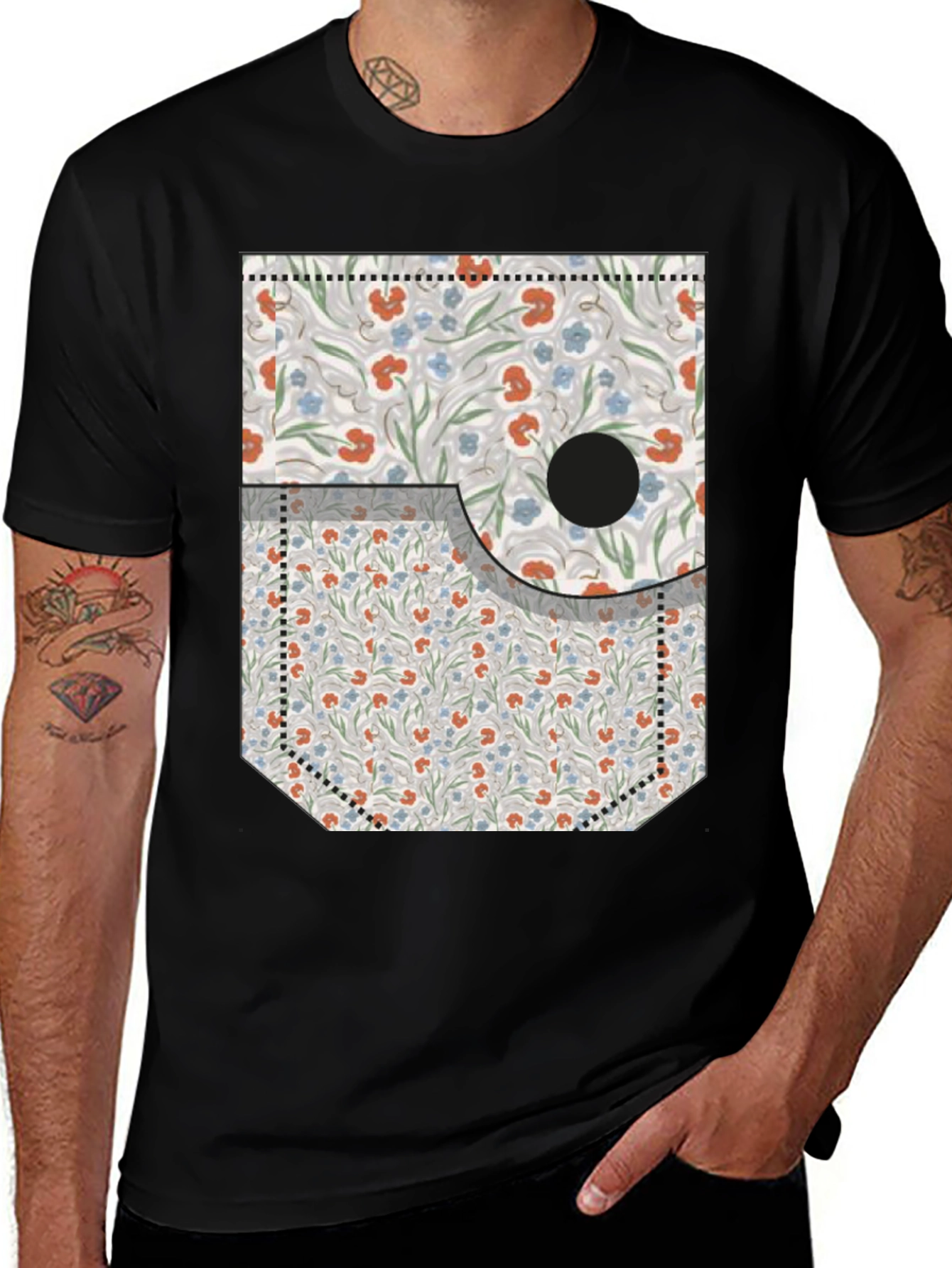 Floral Pocket Print Tee - Novelty Graphic T-Shirt