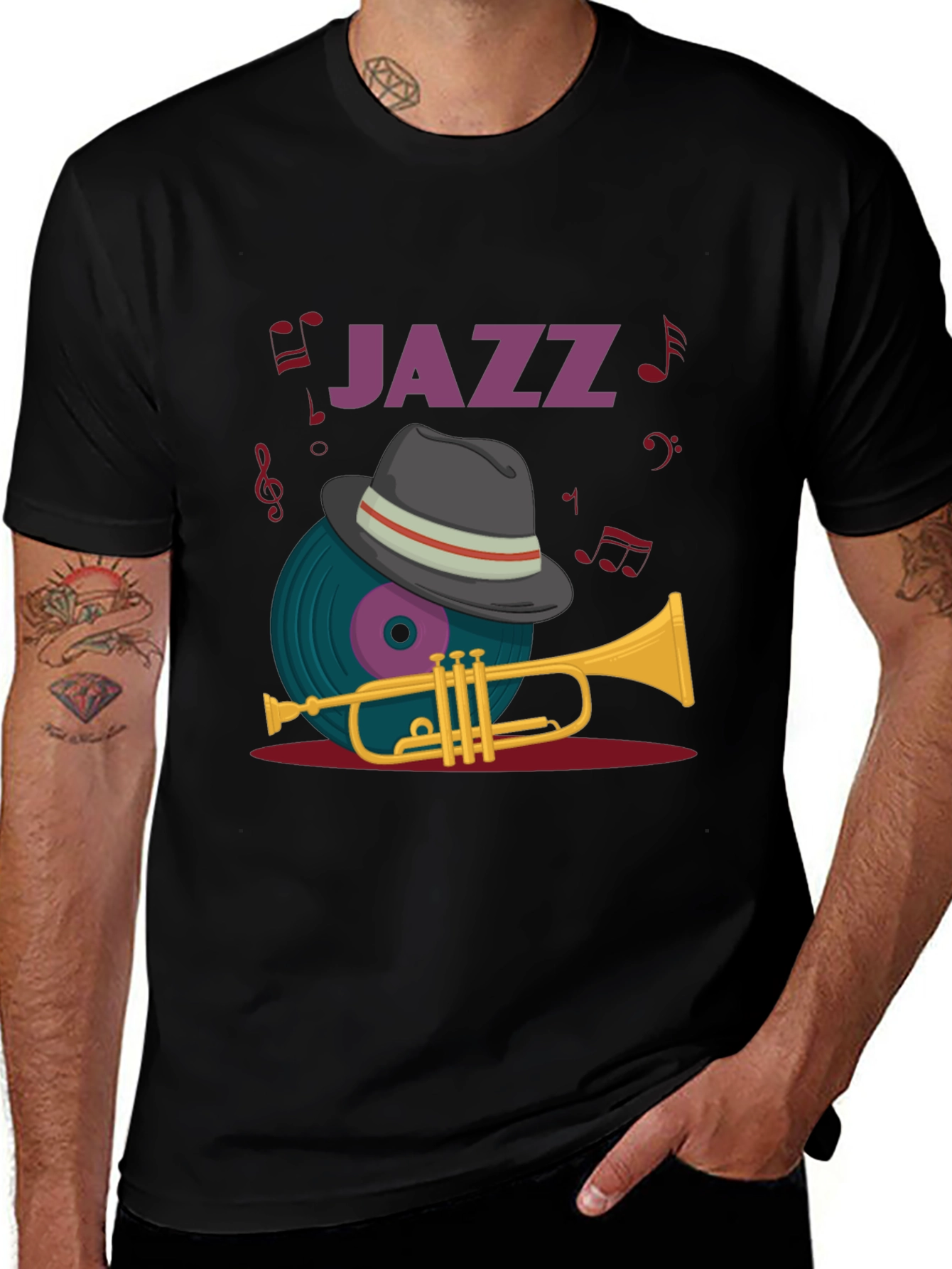 Variant 26 of Jazz Music T-Shirt with Trumpet & Hat Design