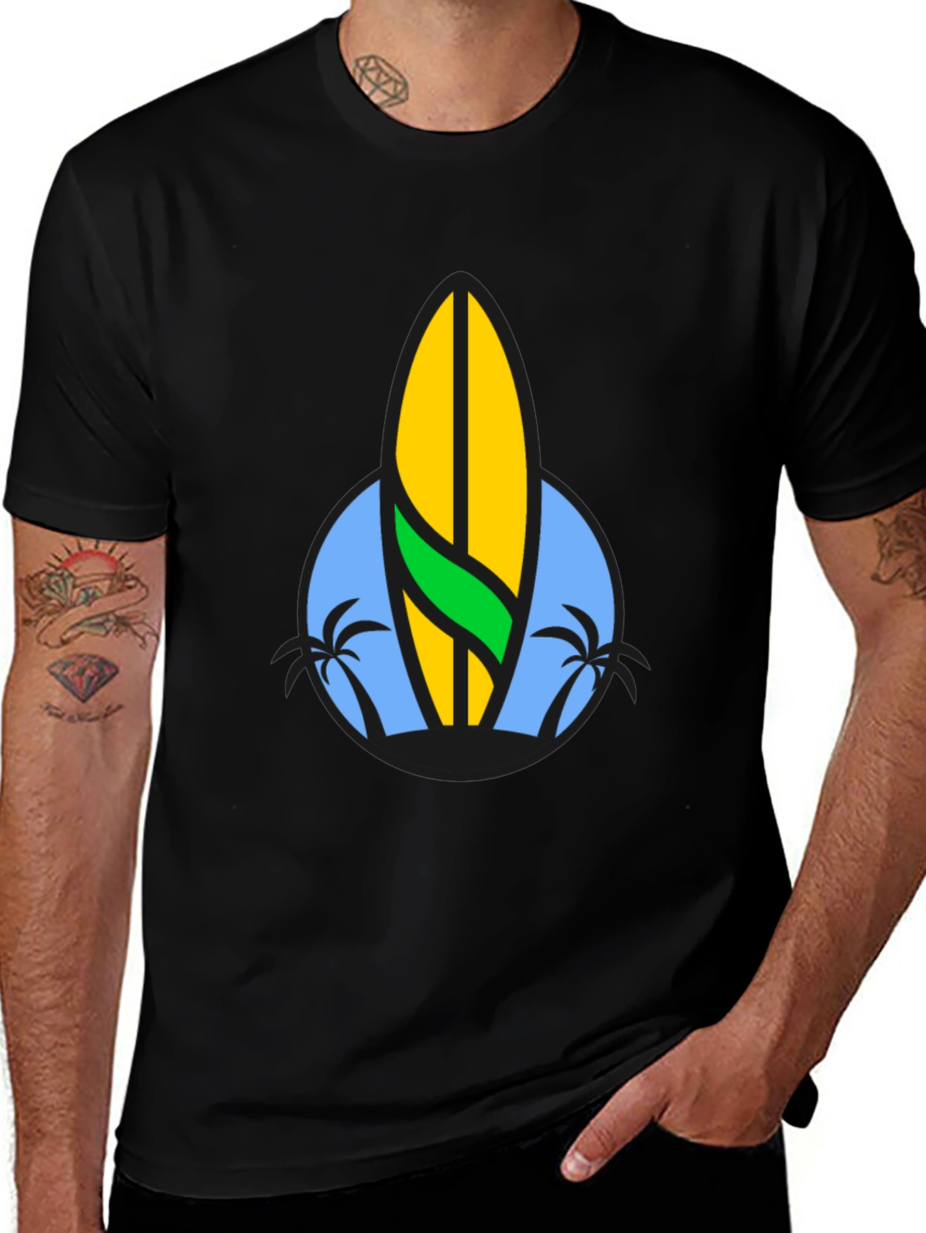 Variant 16 of Surfboard Palm Tree Graphic Tee - Black