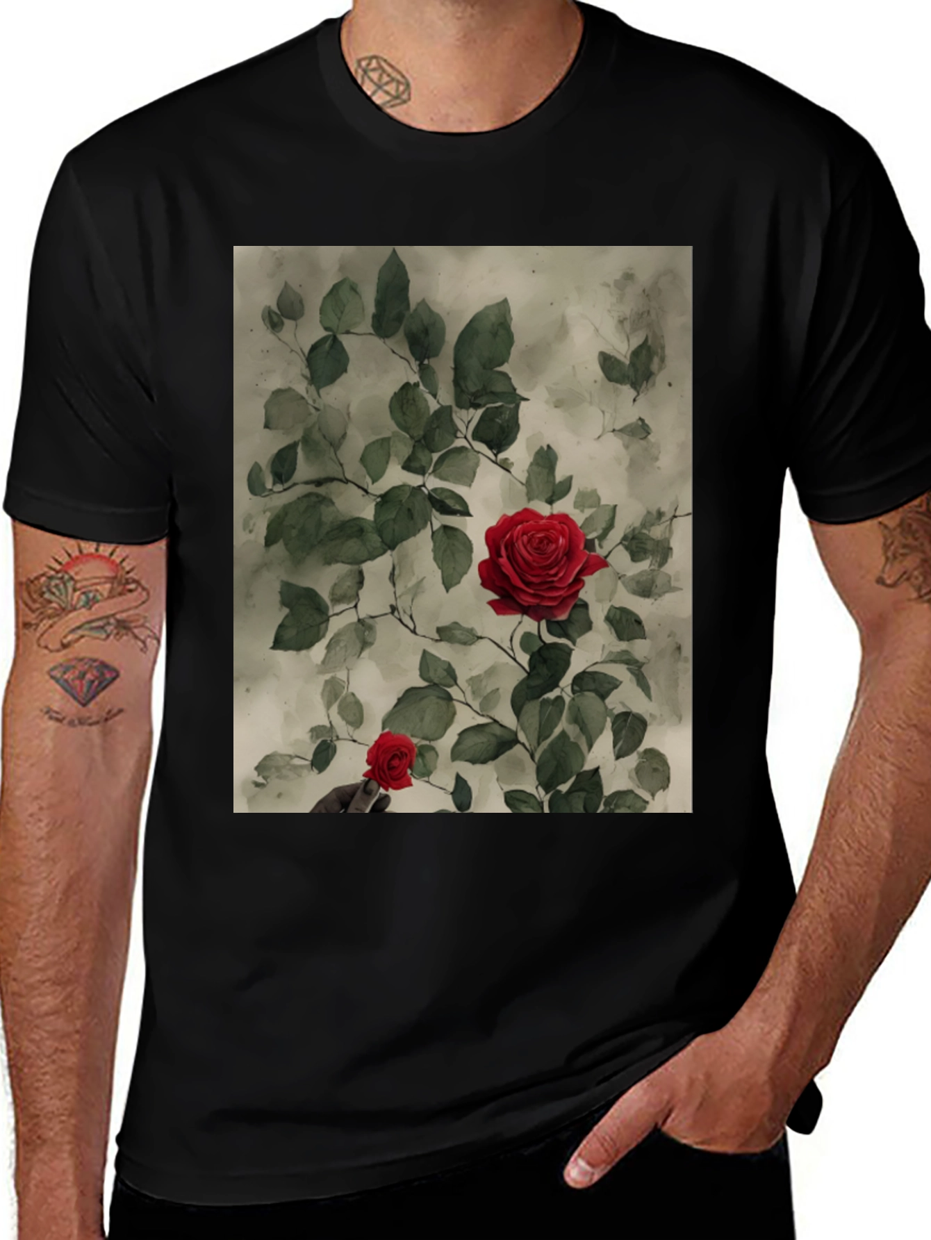 Variant 15 of Red Rose Print Black T-Shirt