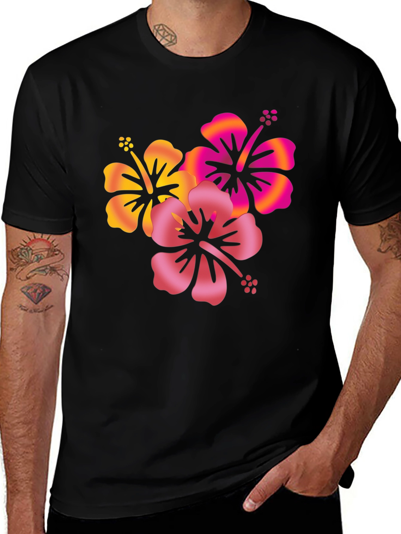 Variant 7 of Tropical Hibiscus Flower Graphic Tee - Black