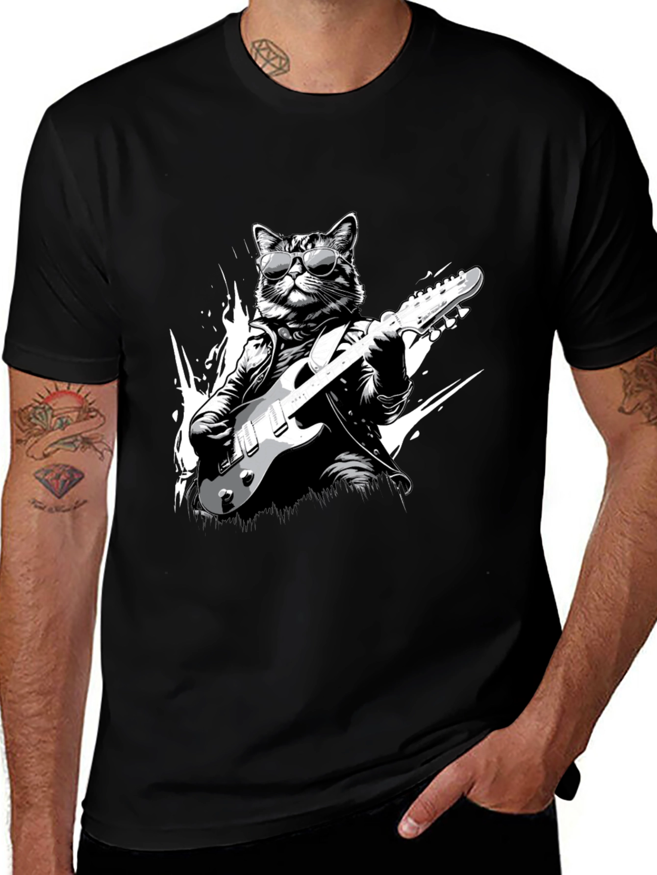Variant 26 of Cool Cat Guitarist Black T-Shirt