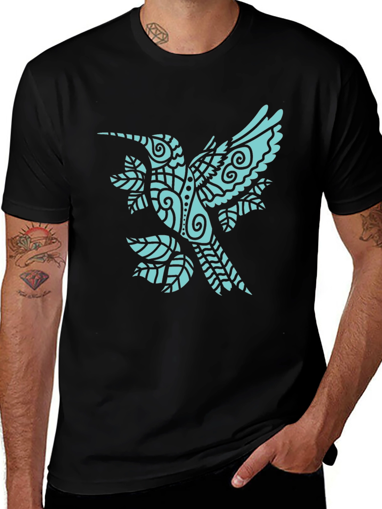 Variant 26 of Men's Black Tee with Teal Hummingbird Graphic