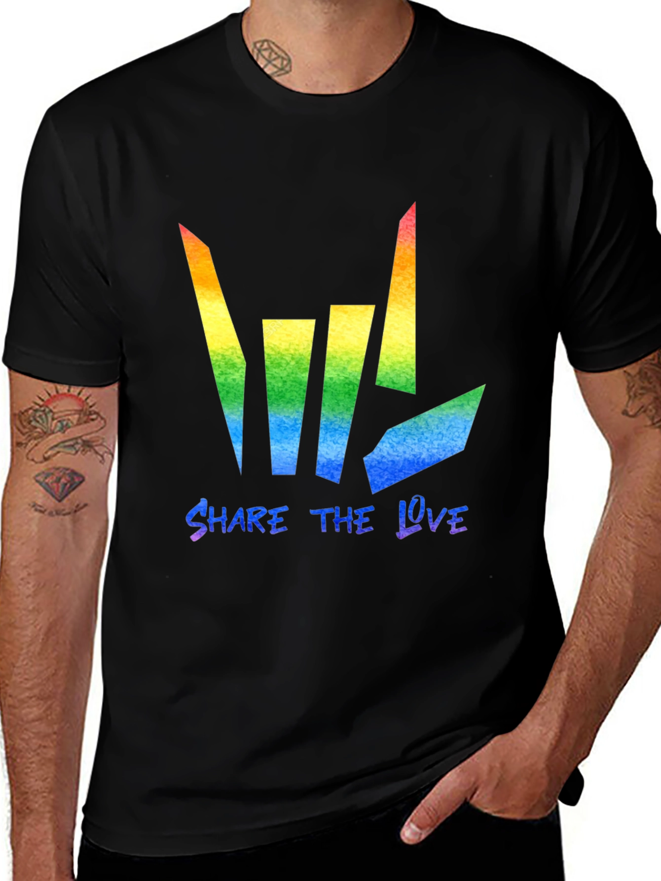 Variant 7 of Share the Love Rainbow Graphic Tee - Black Cotton Blend