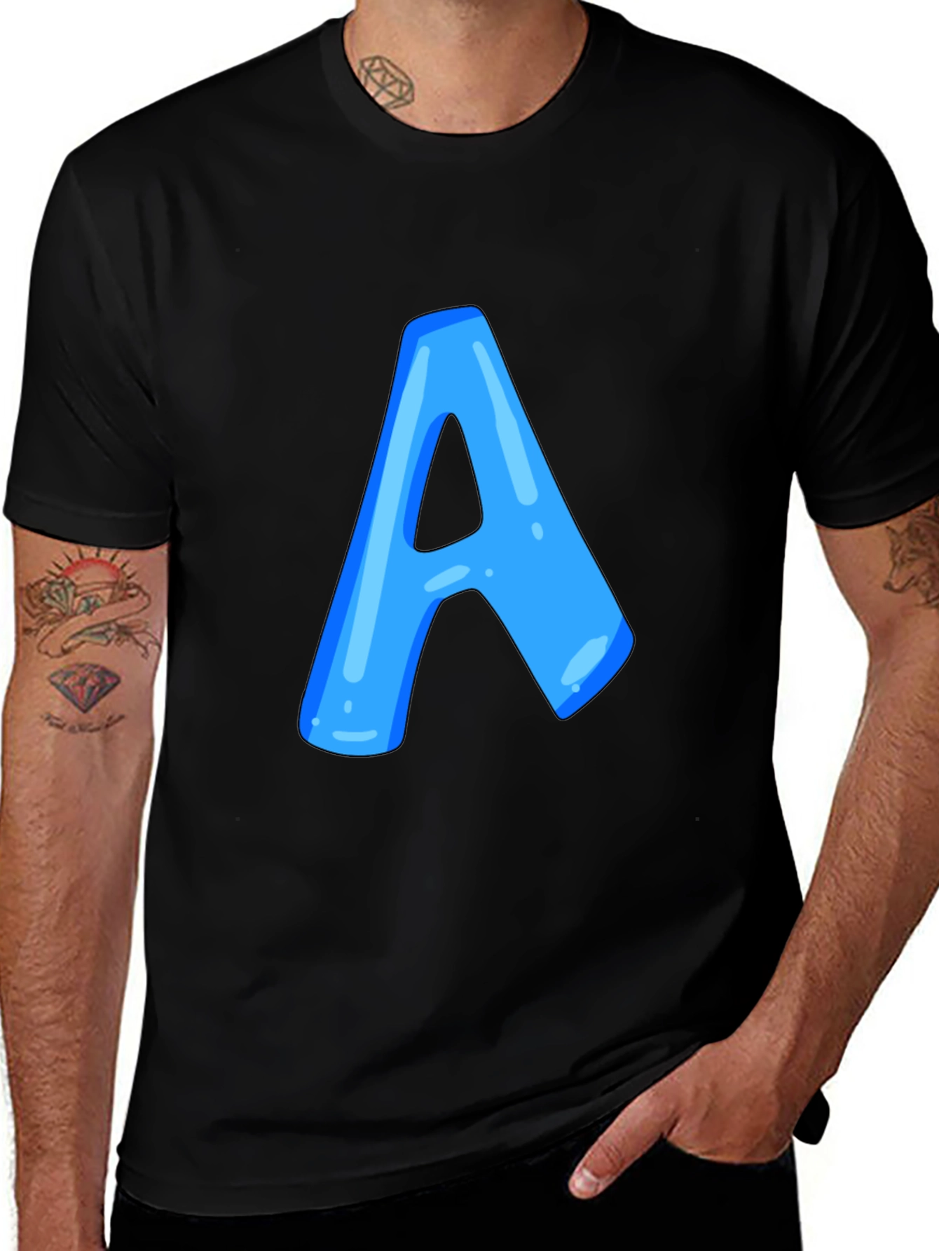 Variant 24 of Men's Black T-Shirt with Blue Letter "A" Design