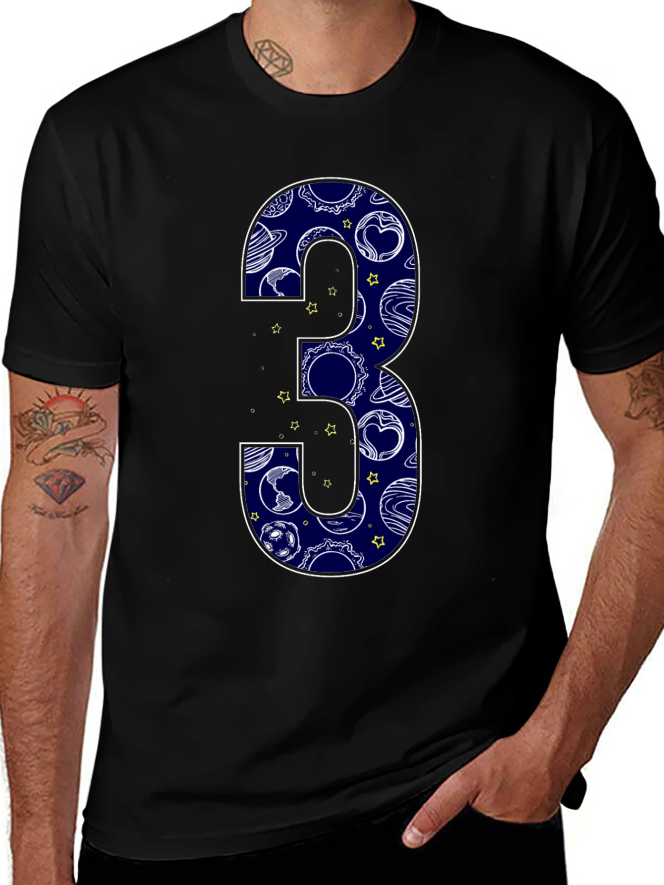 Number 3 Space Planets Black T-Shirt