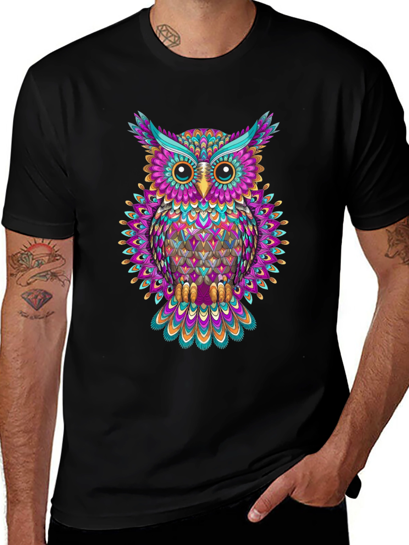 Variant 13 of Colorful Owl Graphic Print Black T-Shirt