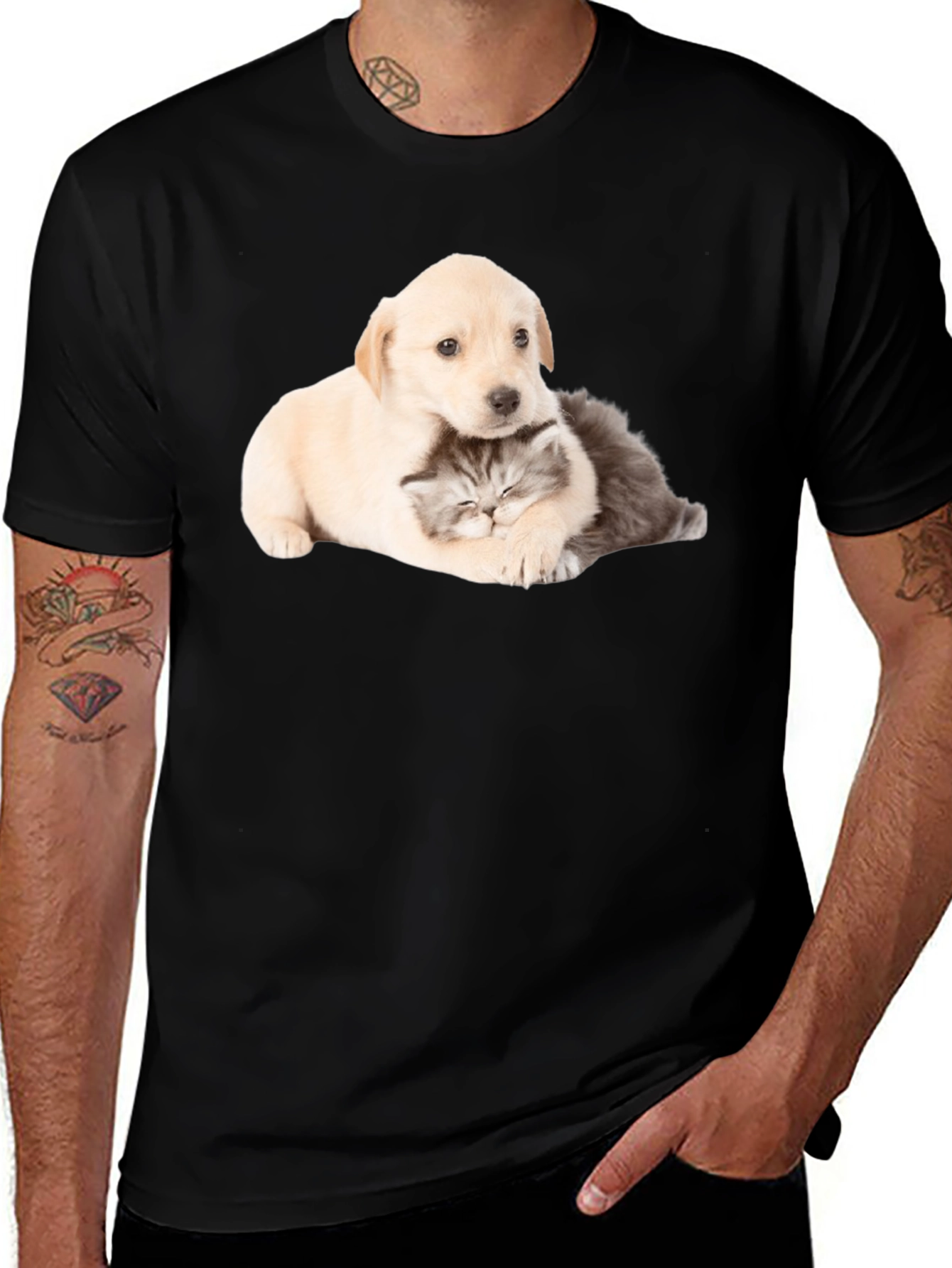 Puppy and Kitten Black Graphic Tee