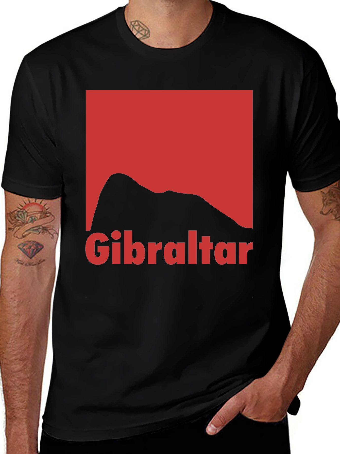 Gibraltar Graphic Tee - Red Rock Design on Black T-Shirt