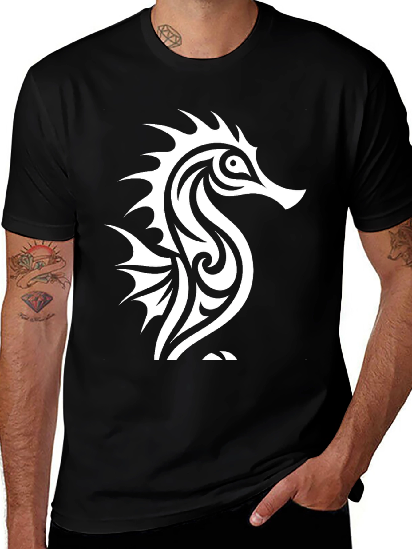 Variant 14 of Tribal Seahorse Graphic T-Shirt - Black Cotton Tee