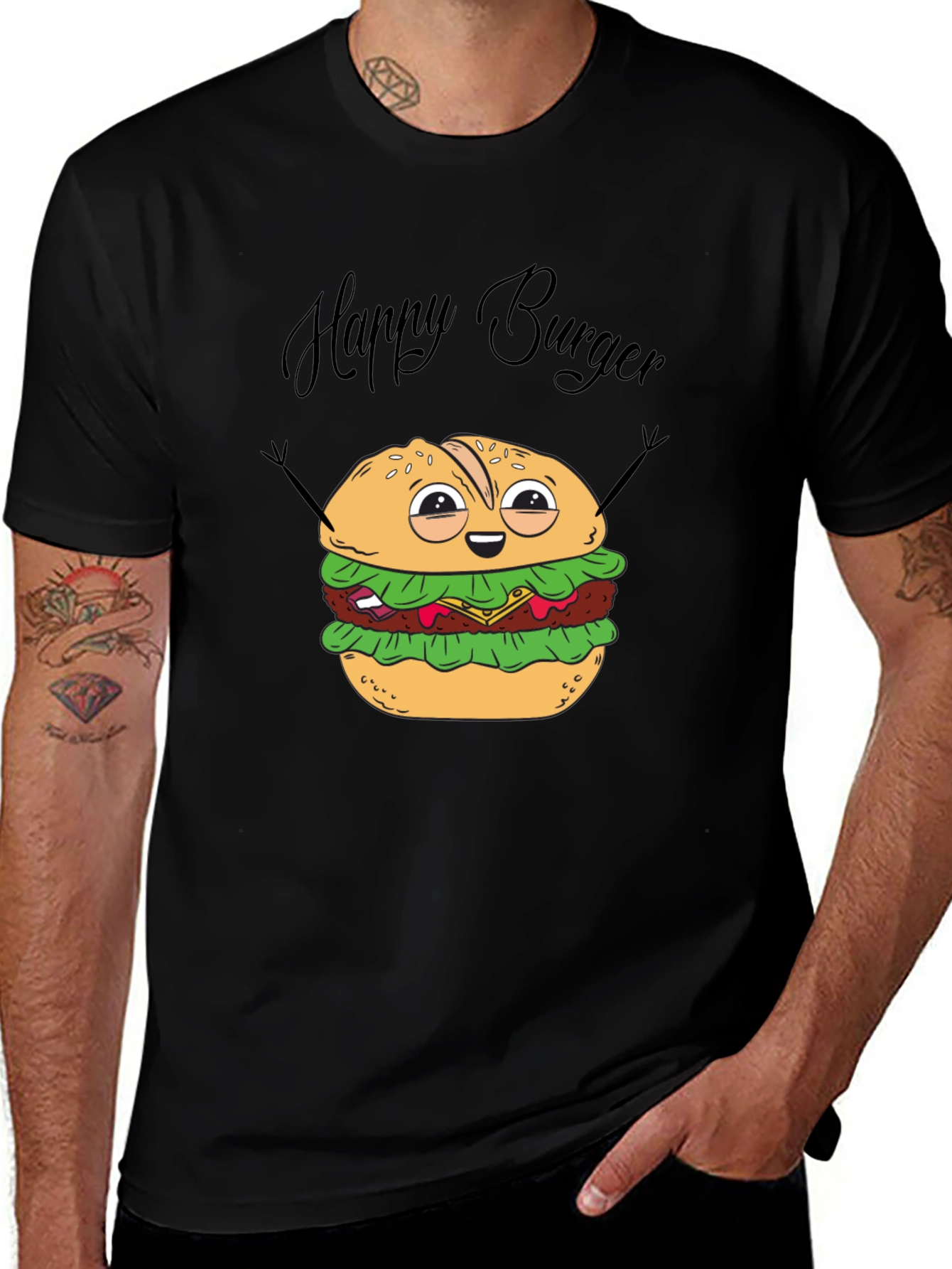 Variant 22 of Happy Burger Black T-Shirt - Fun Cartoon Design