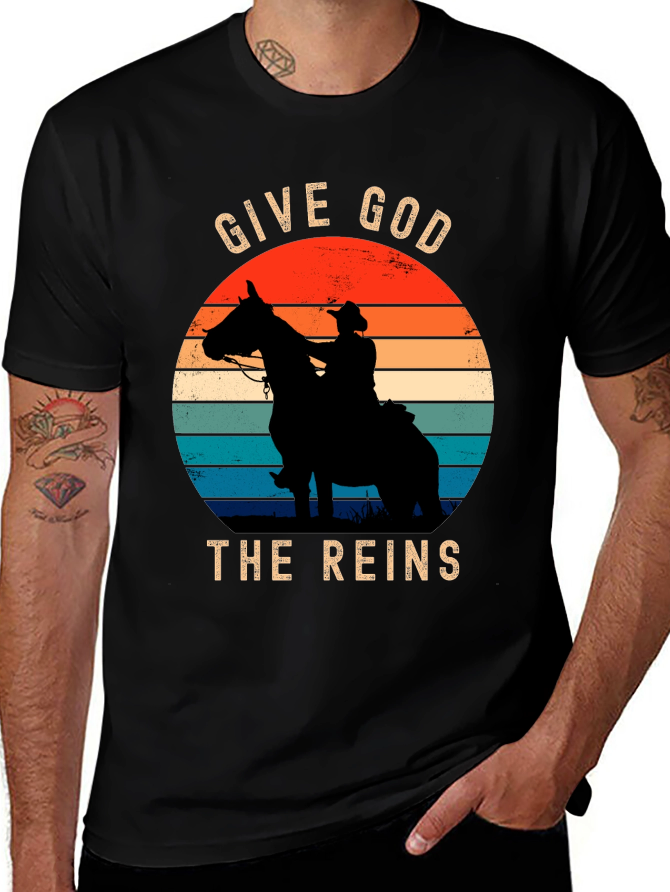 Variant 11 of Give God the Reins T-Shirt - Cowboy Horse Sunset Design