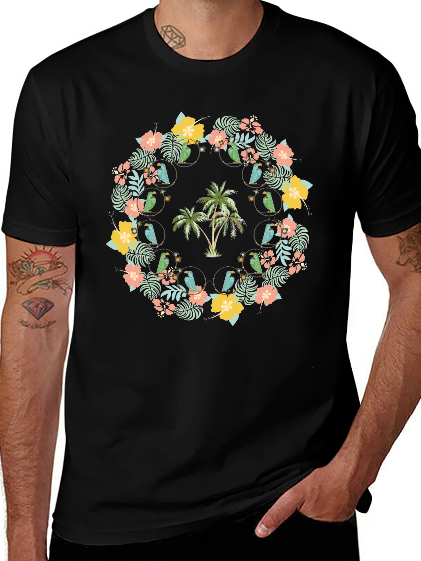 Variant 28 of Tropical Floral Palm Tree Parrot Graphic Tee