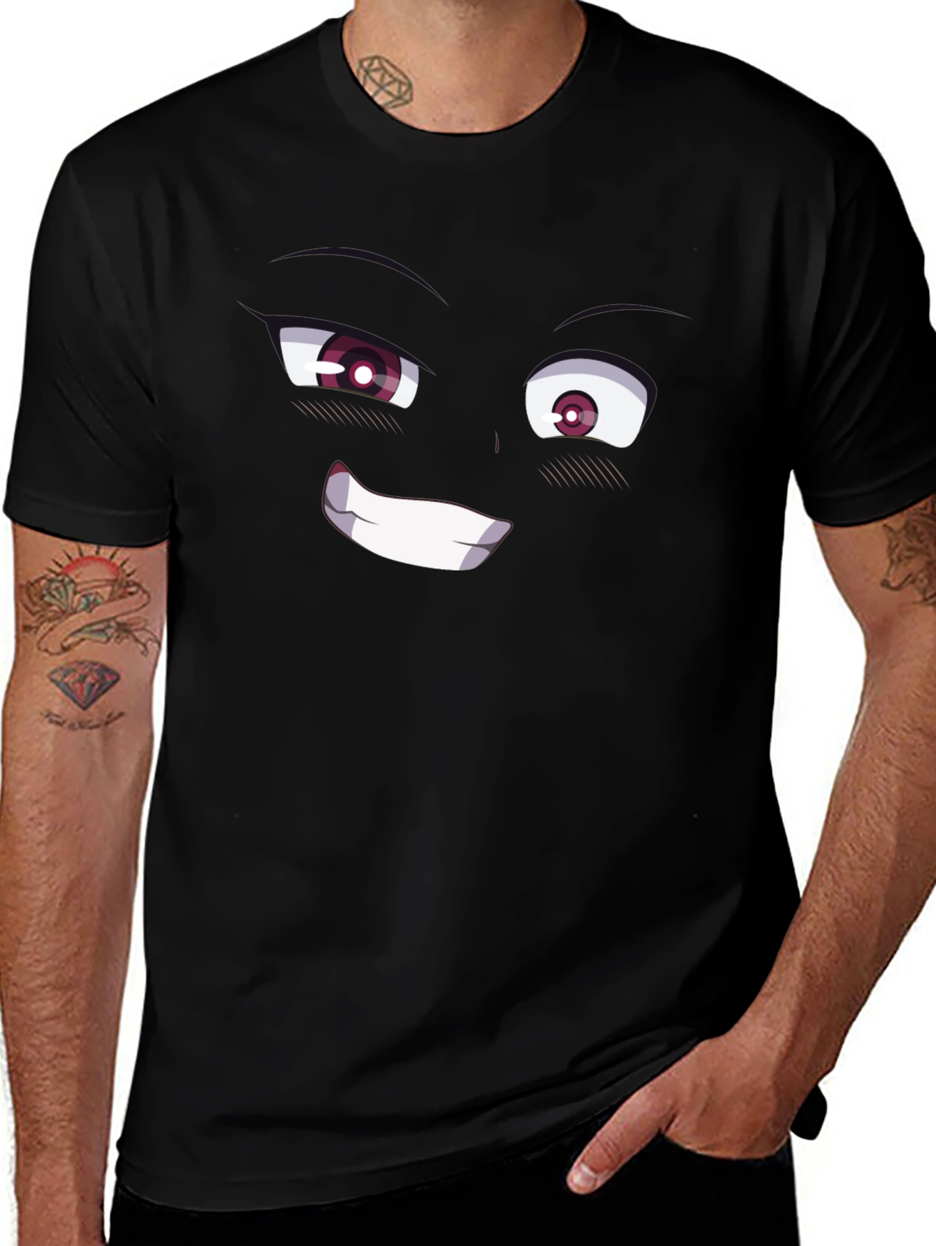 Variant 12 of Anime Face Graphic T-Shirt - Black Cotton Tee