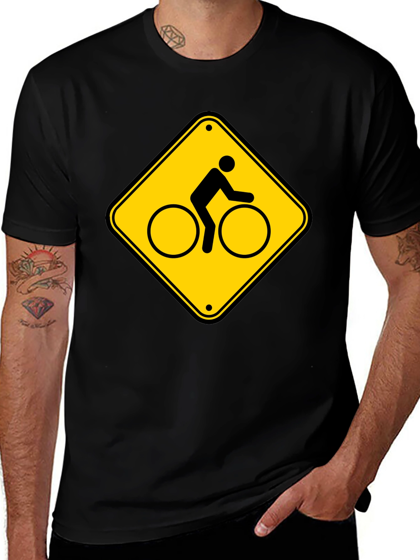 Bicycle Crossing Sign Black T-Shirt