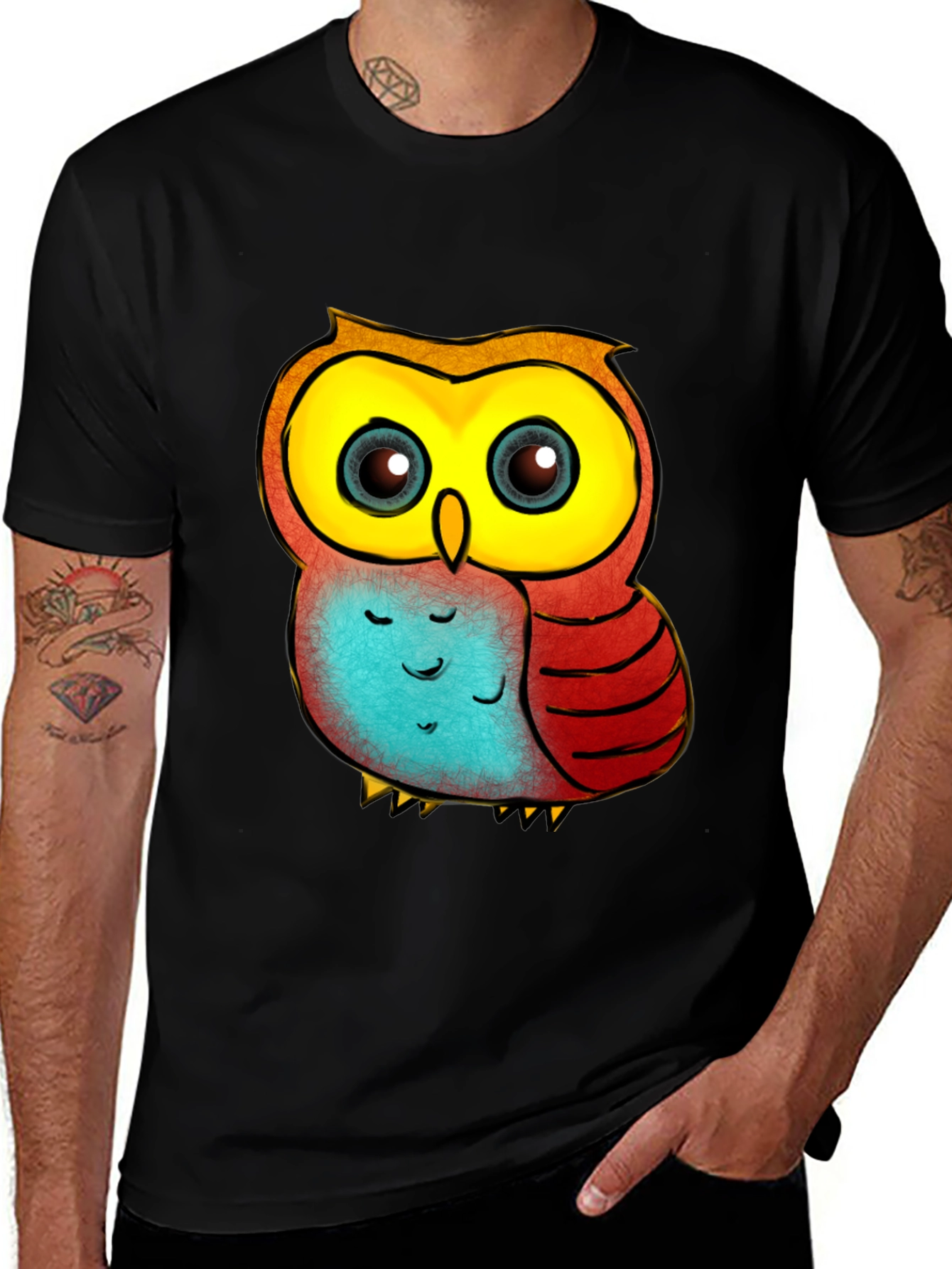 Variant 19 of Cute Cartoon Owl Graphic Tee - Black T-Shirt