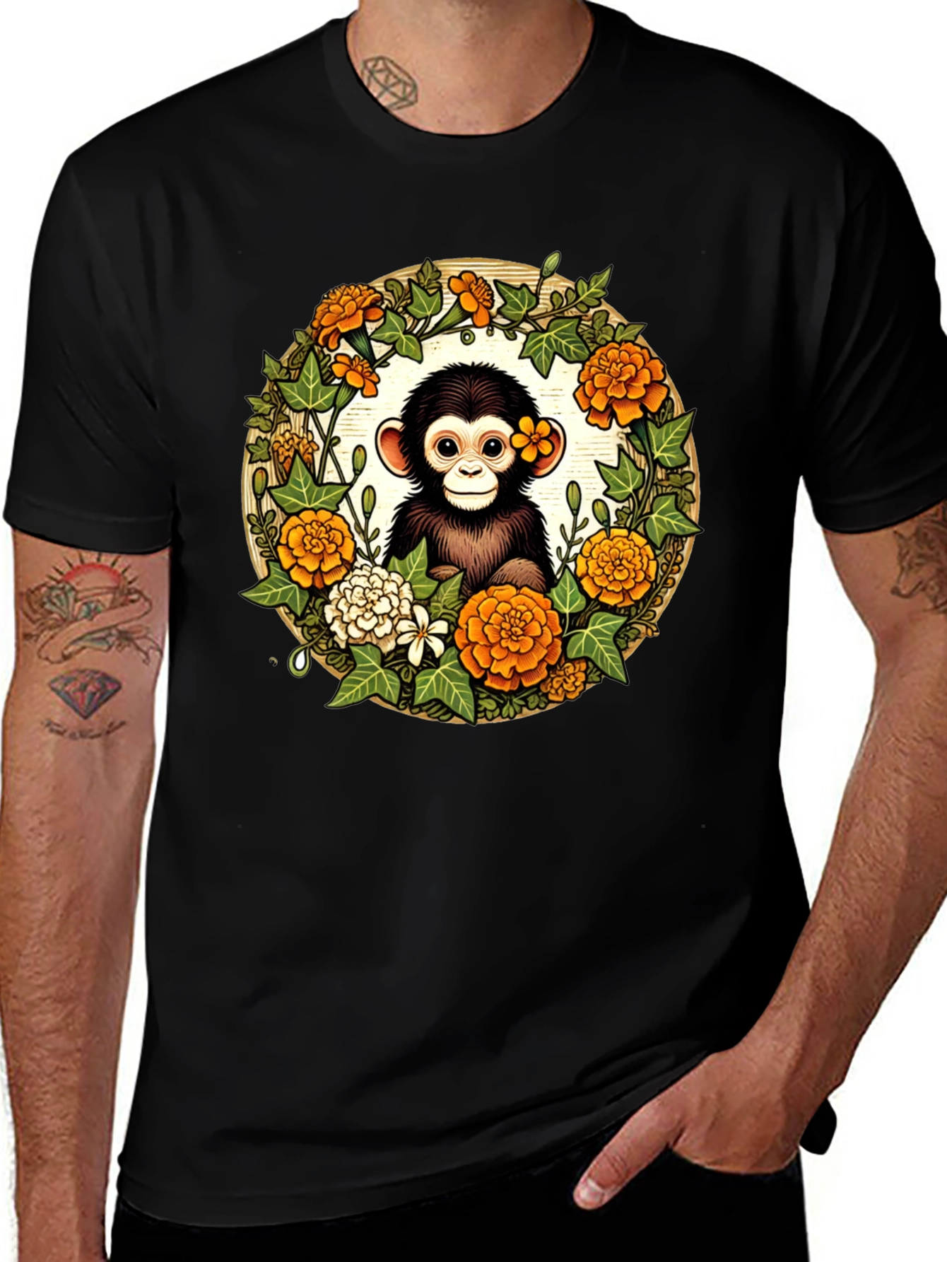 Variant 25 of Monkey Floral Wreath Black Tee