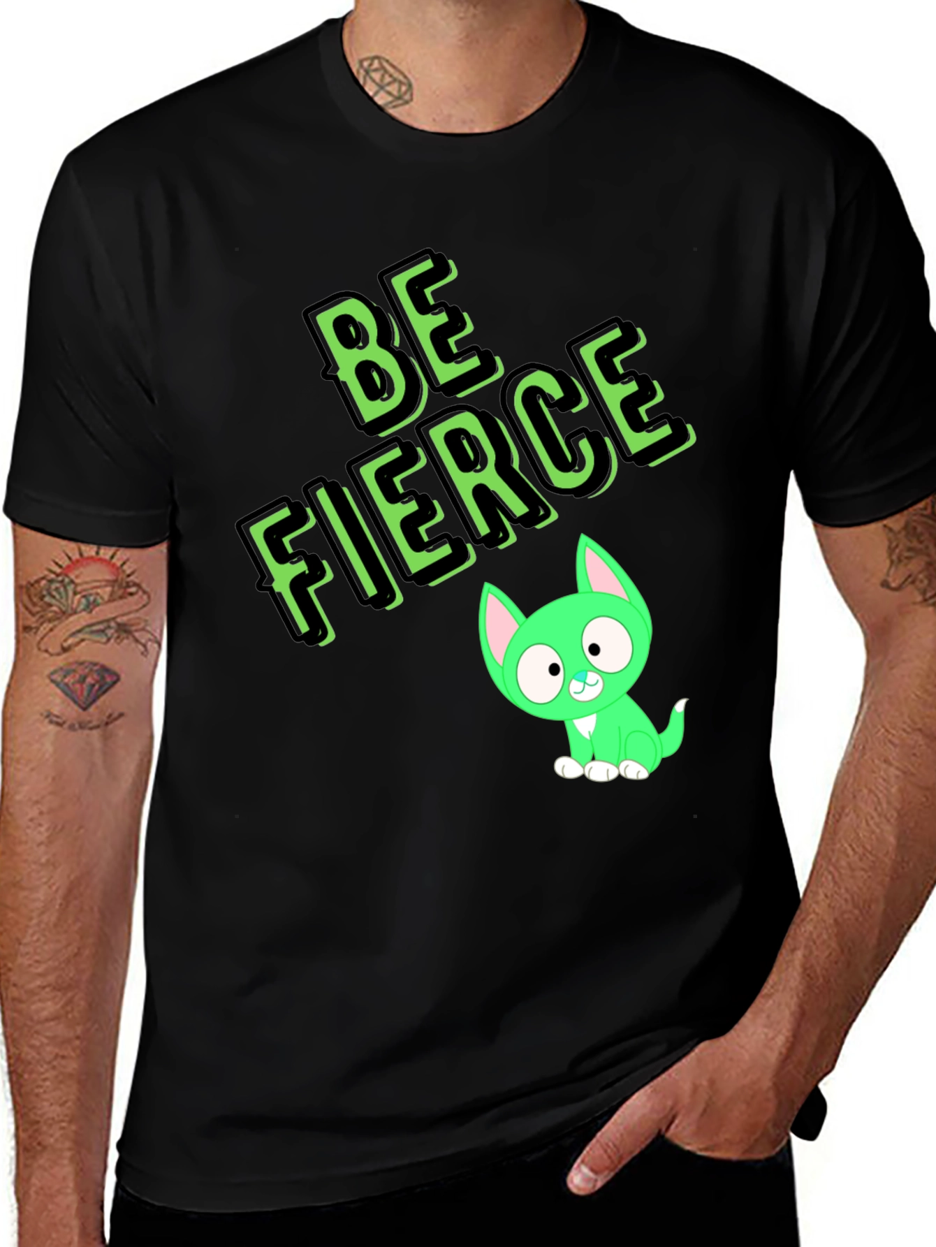 Variant 7 of Be Fierce Black T-Shirt with Cartoon Cat