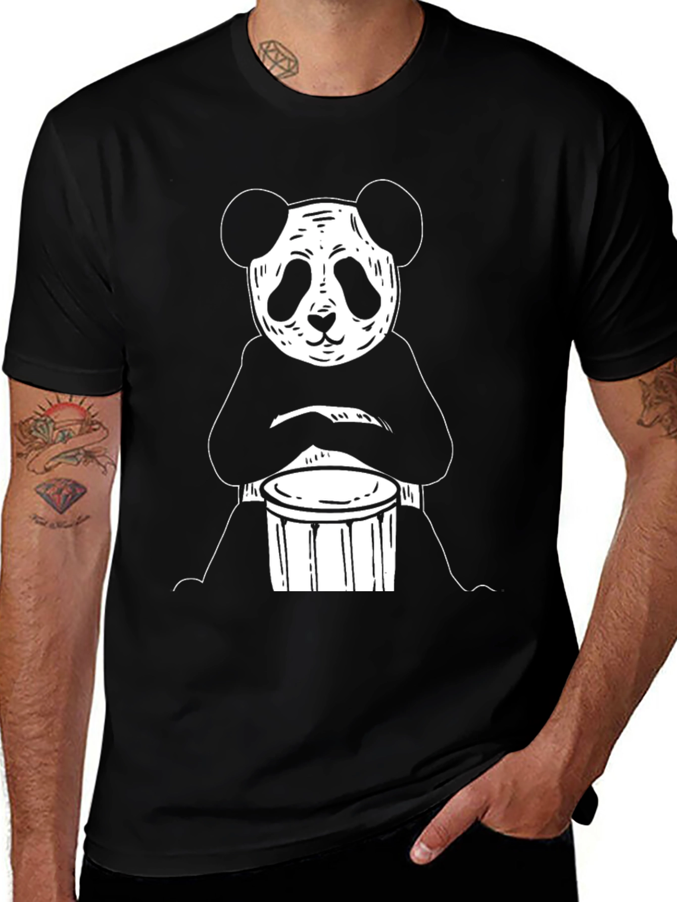 Variant 12 of Panda Drummer T-Shirt - Black Cotton Tee