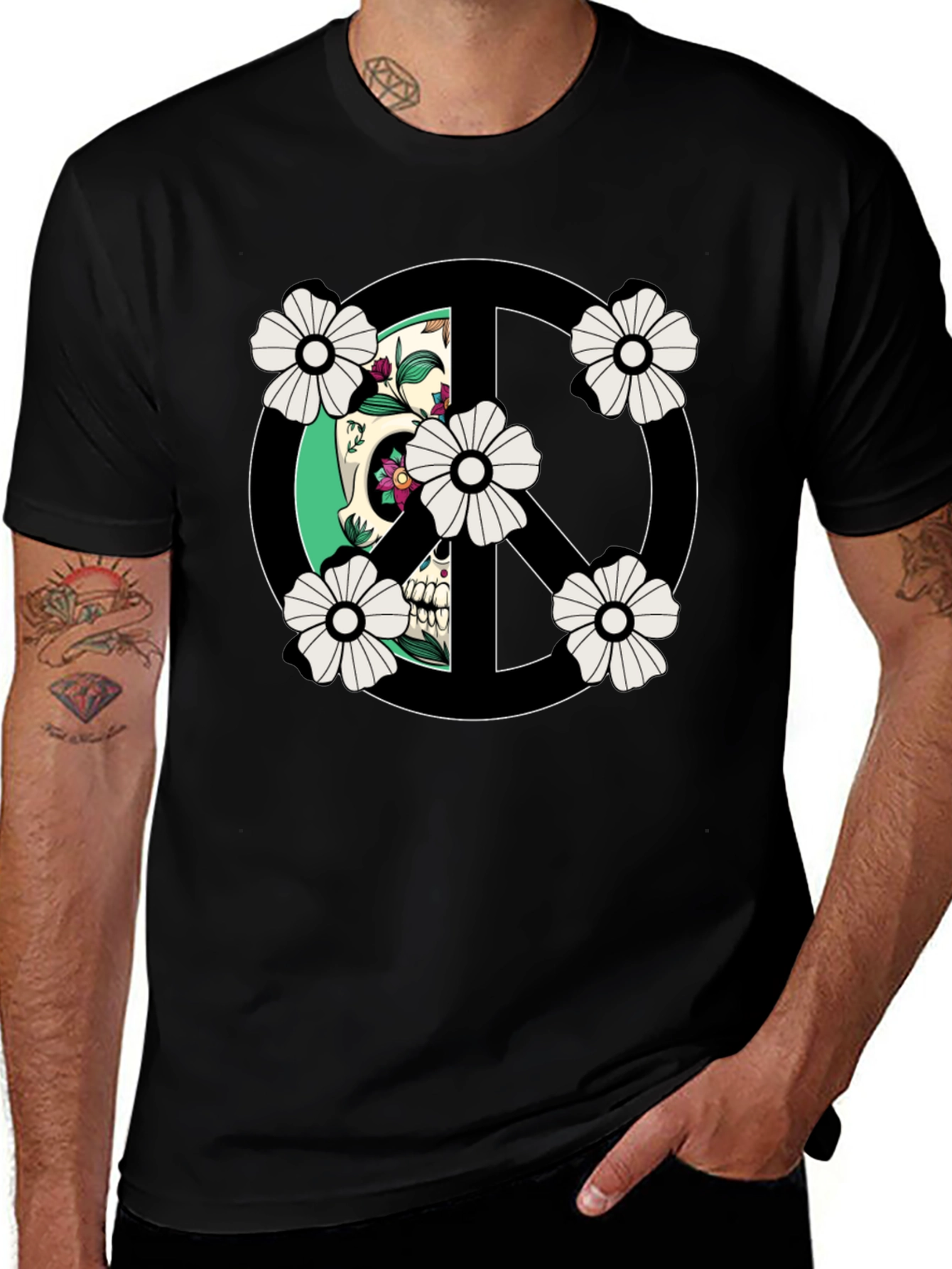 Variant 5 of Floral Peace Sign Skull Graphic Tee