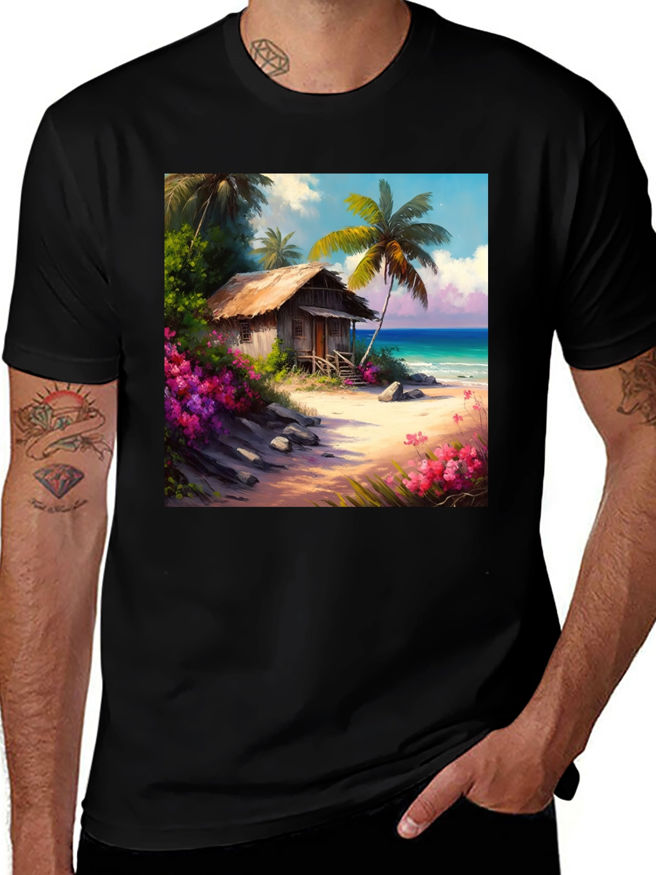 Variant 2 of Tropical Beach Hut Graphic T-Shirt