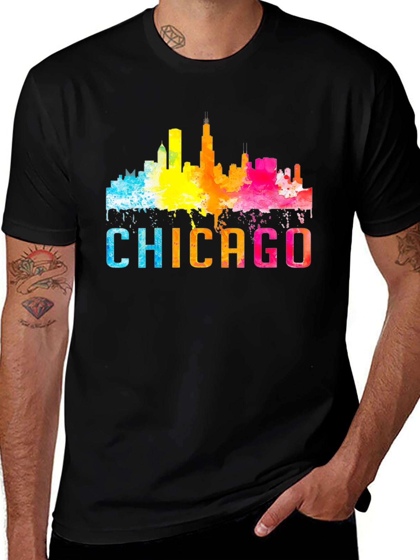 Variant 10 of Chicago Skyline Watercolor Graphic Black T-Shirt