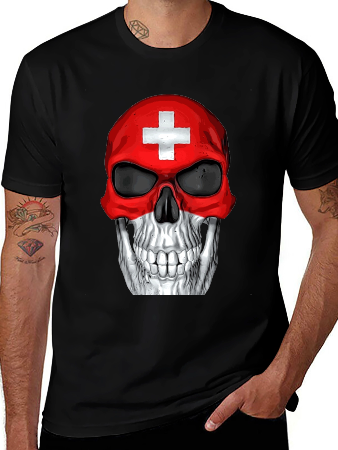 Variant 21 of Swiss Flag Skull Graphic T-Shirt - Black