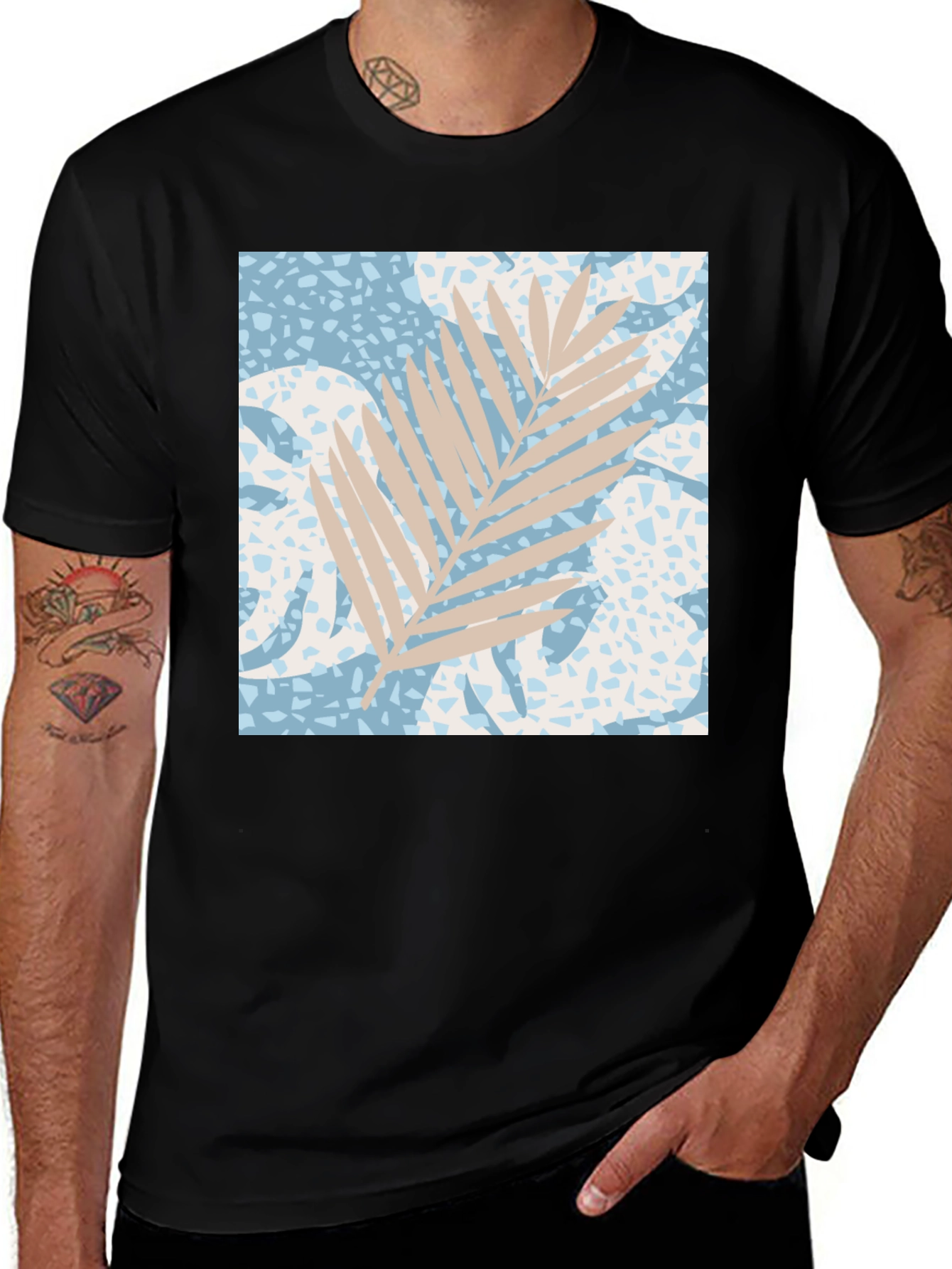 Variant 14 of Tropical Leaf Print Black T-Shirt