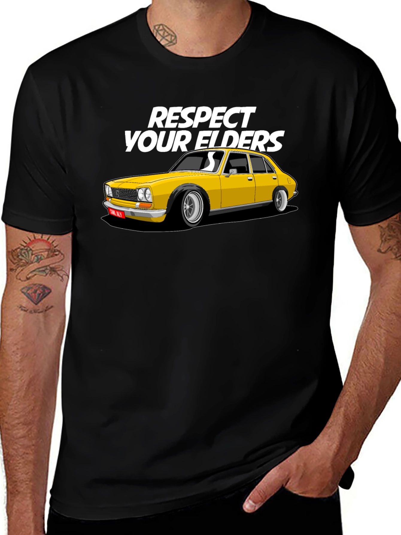 Variant 22 of Respect Your Elders Black T-Shirt with Classic Car Graphic