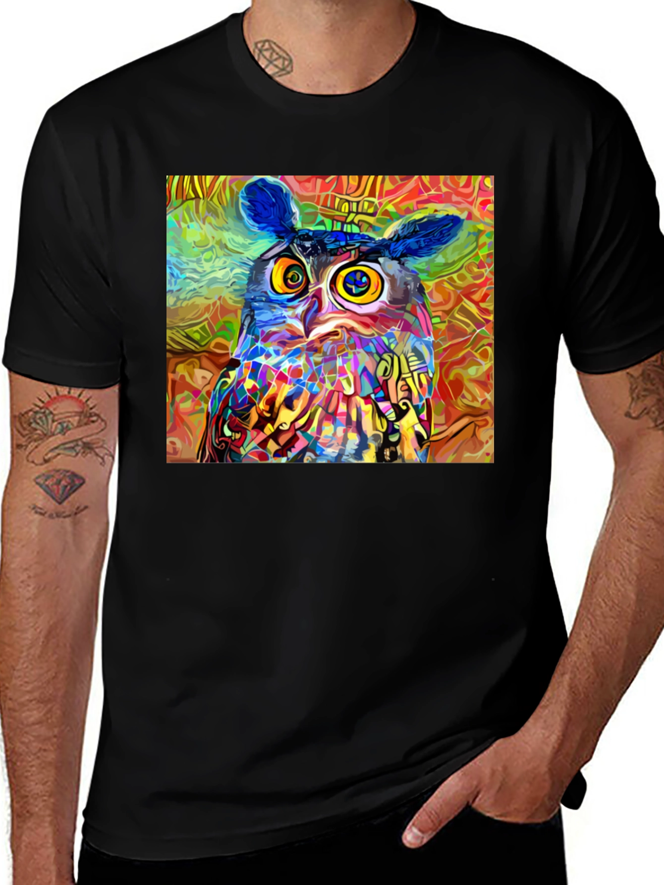 Variant 11 of Psychedelic Owl Graphic Tee - Black Cotton Blend