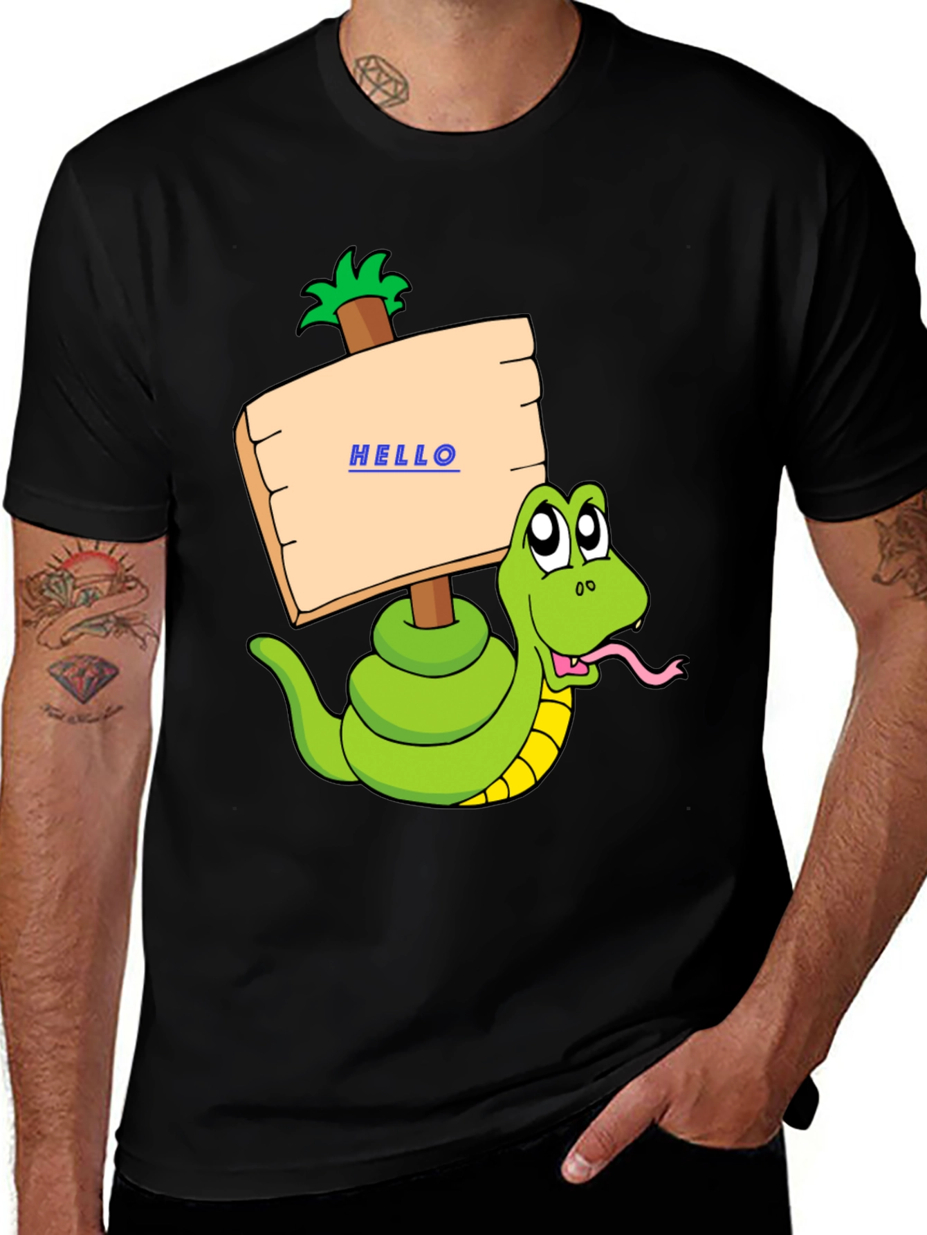 Black Funny Snake Graphic T-Shirt - Hello Sign main image