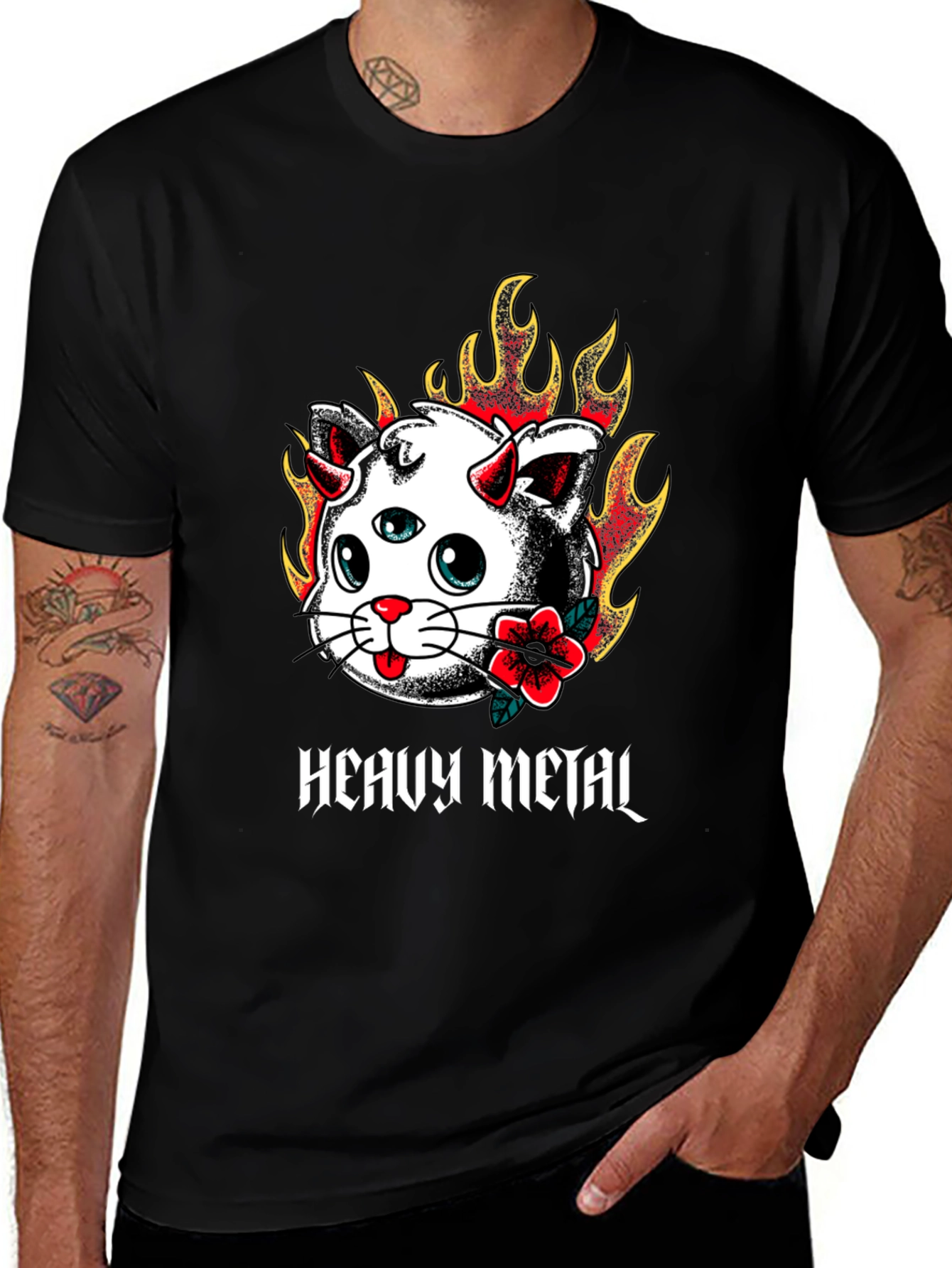 Heavy Metal Cat Tee - Fiery 3-Eyed Devil Kitty Shirt