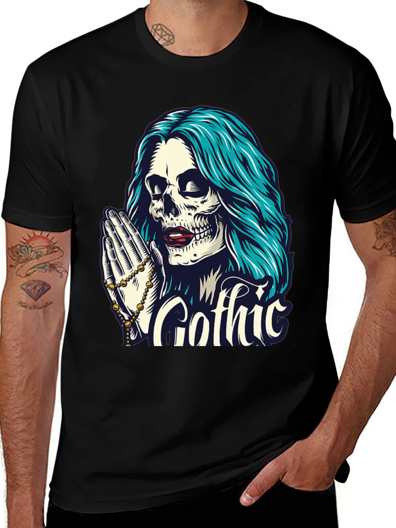 Variant 4 of Gothic Skull T-Shirt - Praying Skeleton Tee