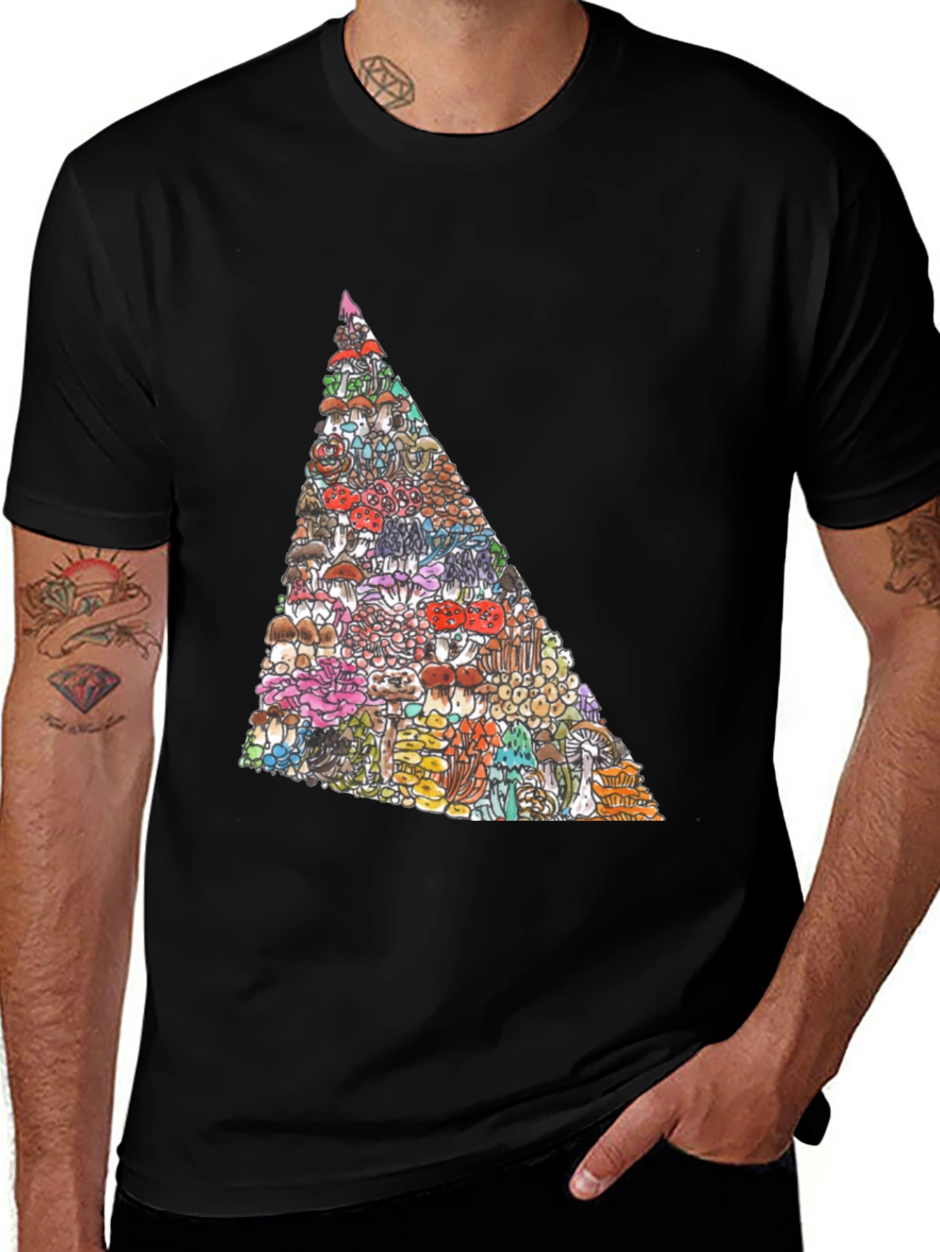 Black Funky Mushroom Triangle Graphic Black T-Shirt main image