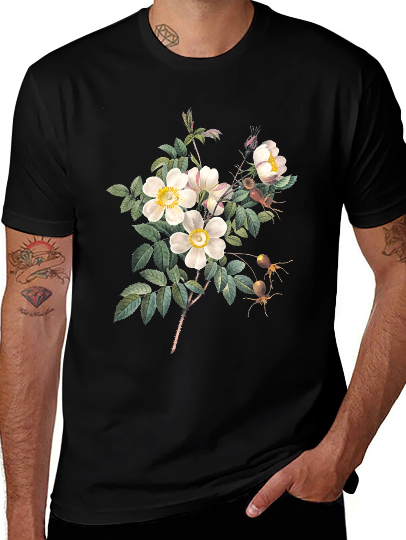 Variant 12 of Floral Botanical Print Black T-Shirt