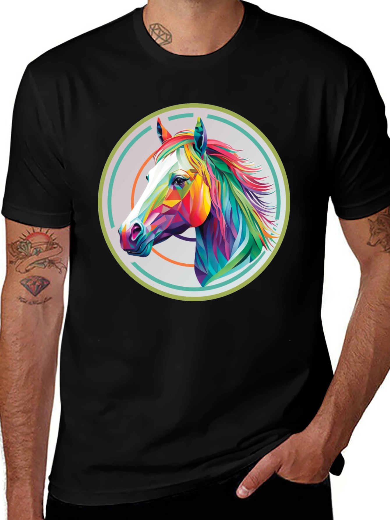 Variant 15 of Vibrant Horse Graphic Tee - Stylish Men's Black T-Shirt