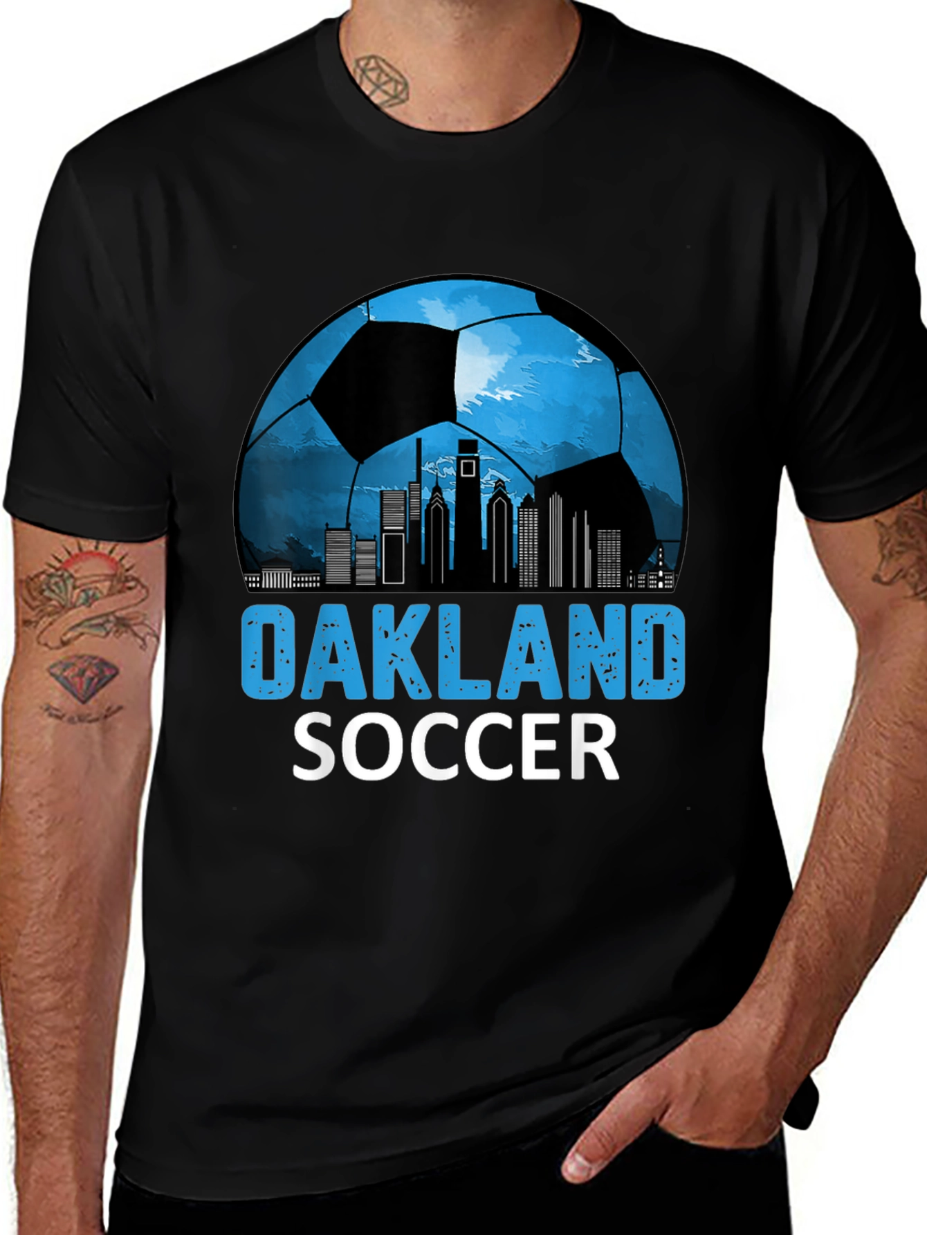 Oakland Soccer Black T-Shirt with Cityscape Design