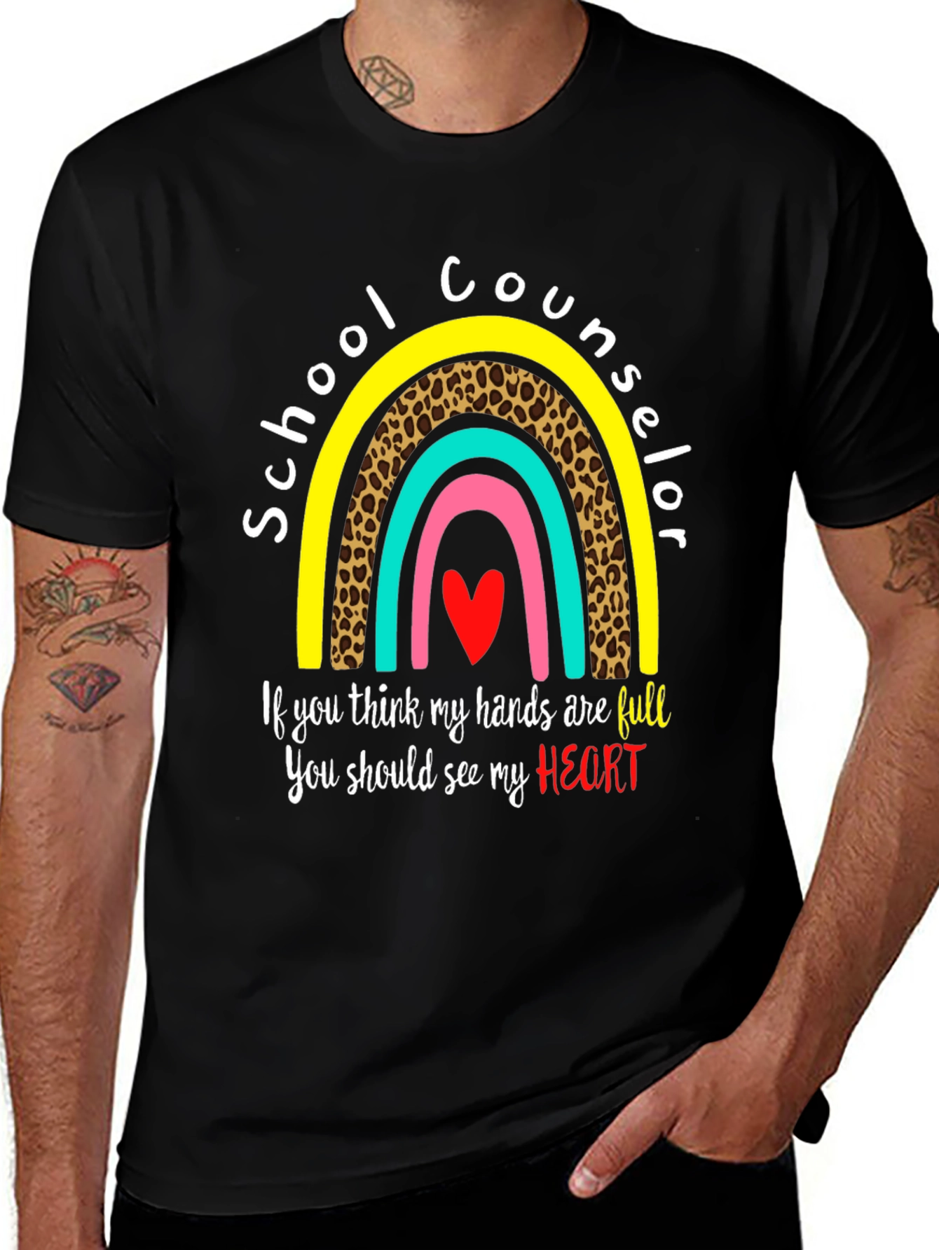 School Counselor T-Shirt: Full Heart, Rainbow Design