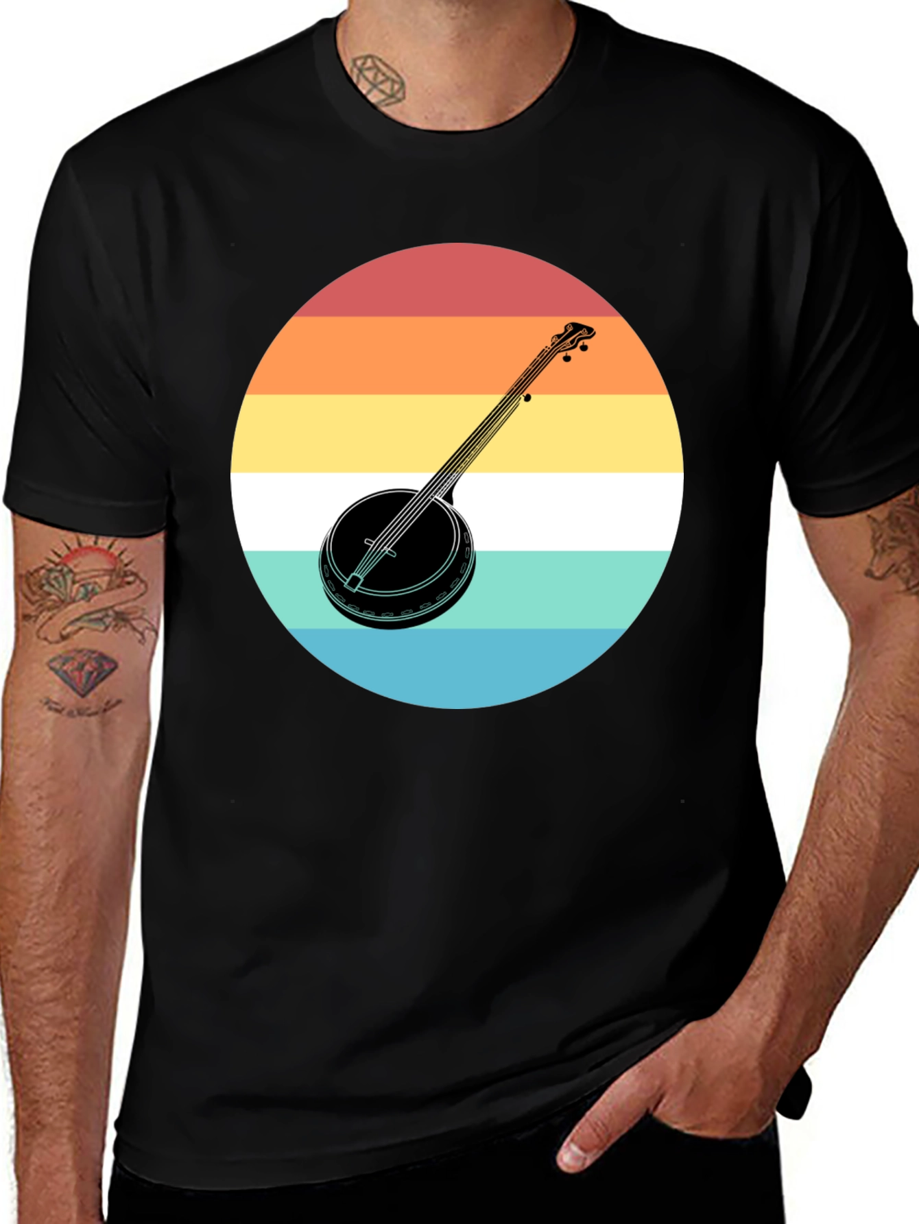 Variant 17 of Retro Banjo Sunset Graphic Tee - Black Cotton T-Shirt