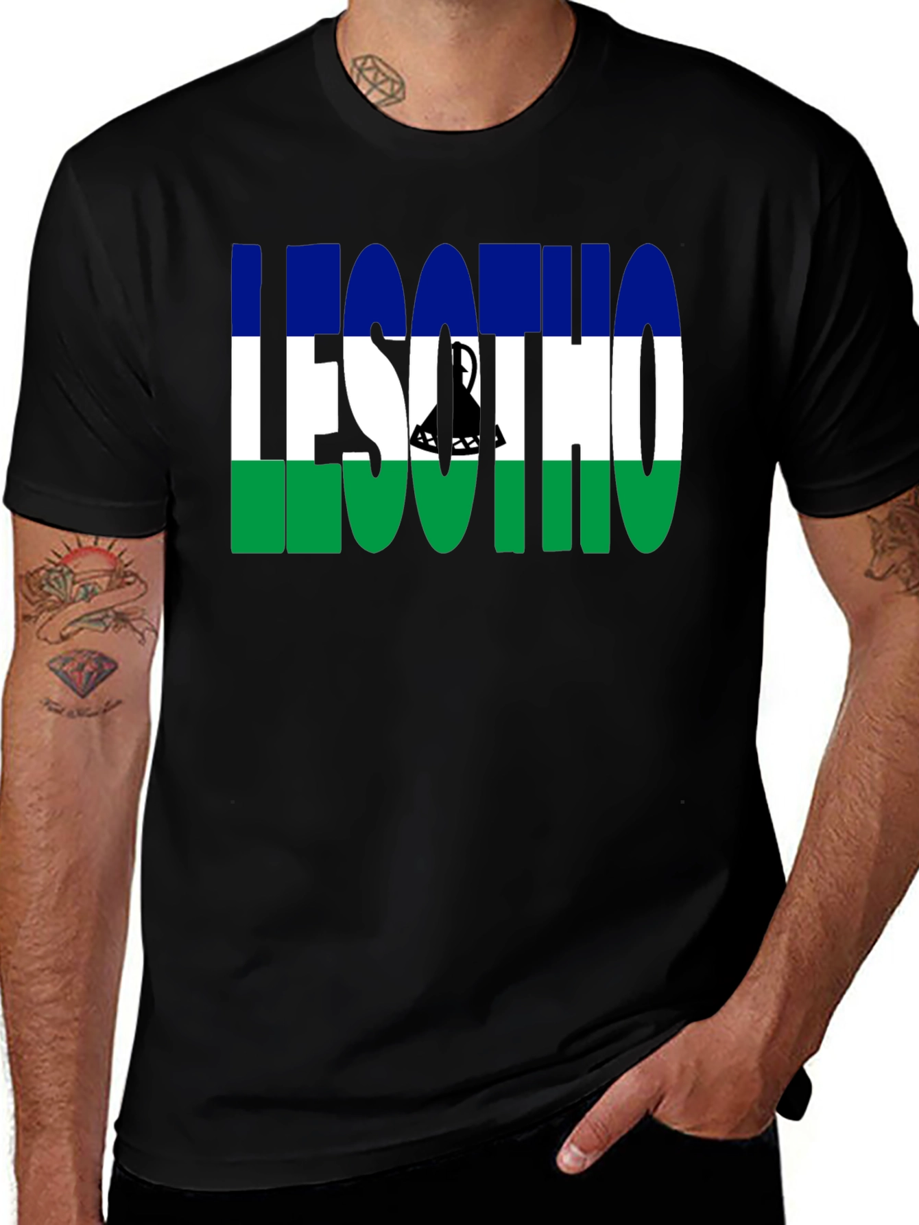 Variant 4 of Lesotho Flag Graphic T-Shirt - Black Crew Neck Tee